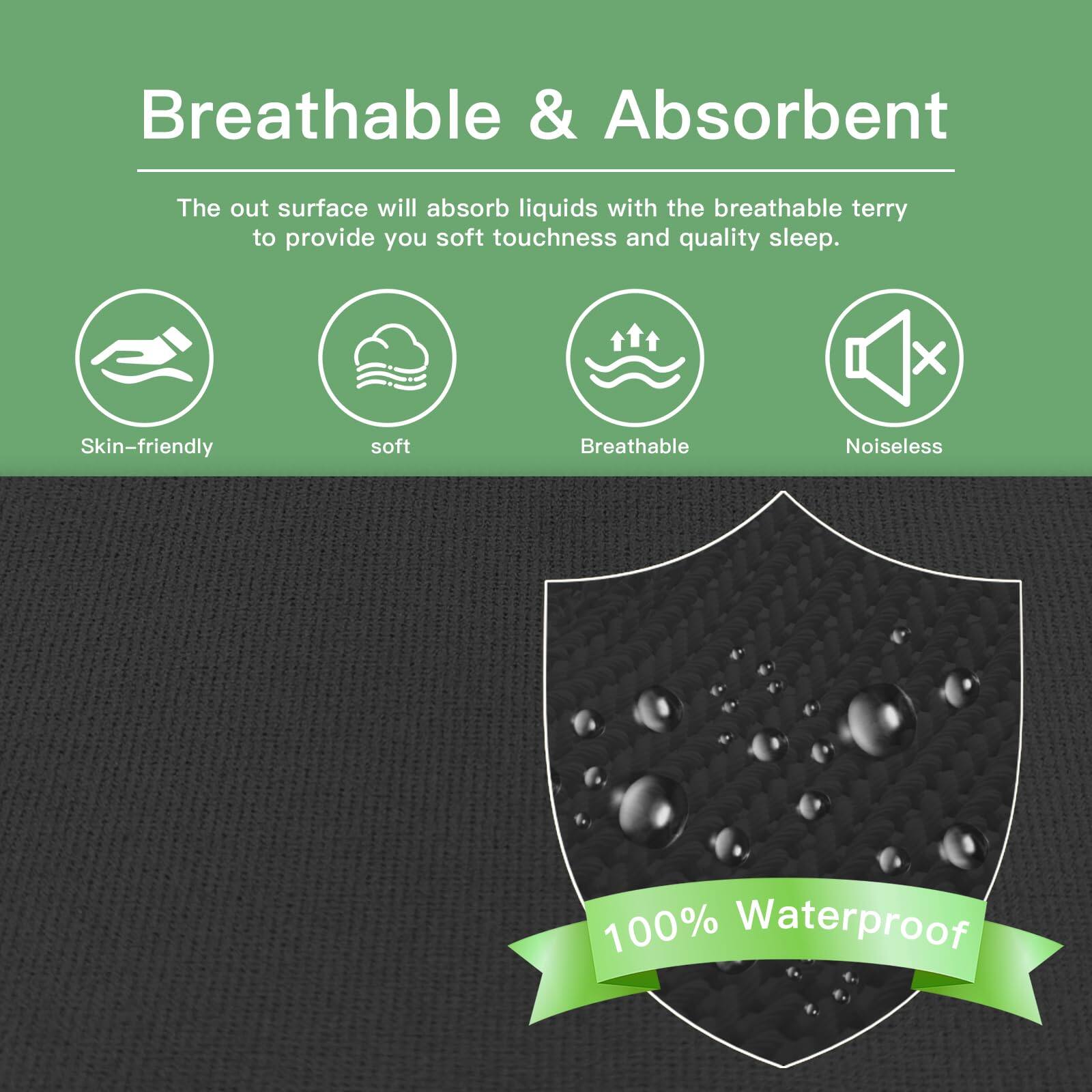 Breathable & Absorbent

The out surface will absorb liquids with the breathable terry to provide you soft touchness and quality sleep.

- Skin-friendly
- Soft
- Breathable
- Noiseless

100% Waterproof