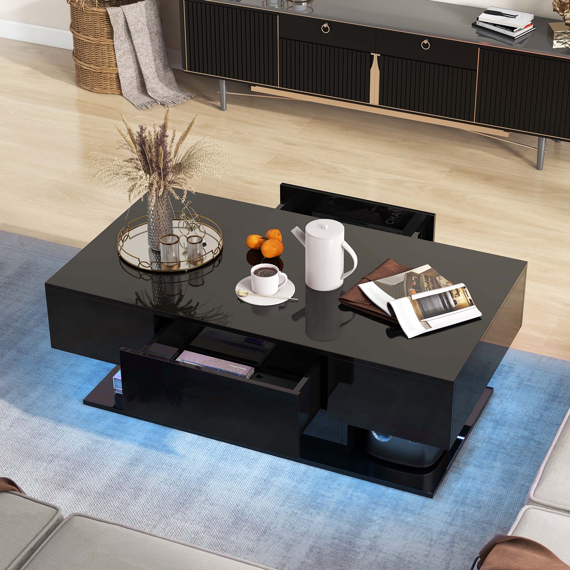 Alt View 15. Costway - LED Coffee Table with 2 Drawers 20-Color Dimmable LED Lights & Remote Control Black - Black.