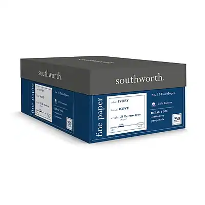 Southworth
Fine Paper
Ivory
23% Cotton
Wove
Ideal for:
Stationery Proposals
250 Envelopes
No. 10 Envelopes
24 Envelopes per Box