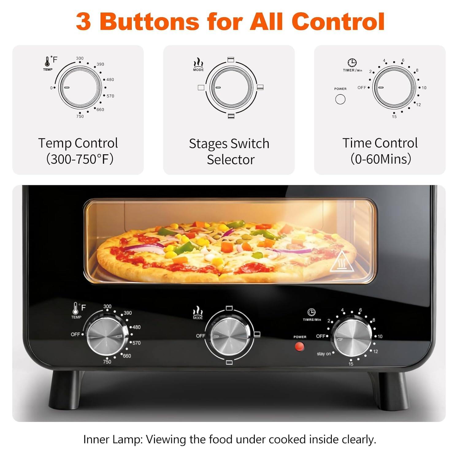 3 Buttons for All Control

Temp Control (300-750°F)

Stages Switch Selector

Time Control (0-60Mins)

Inner Lamp: Viewing the food under cooked inside clearly.