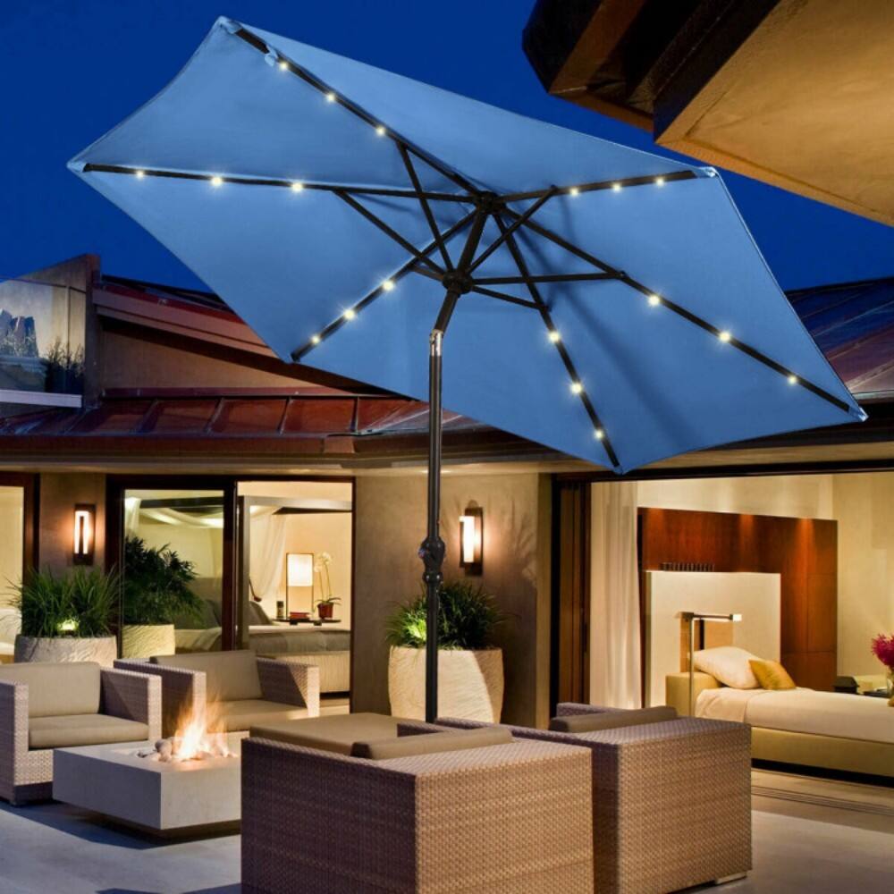 Left. Mondawe - 9 Feet Patio Umbrella LED Solar with Crank - Blue.