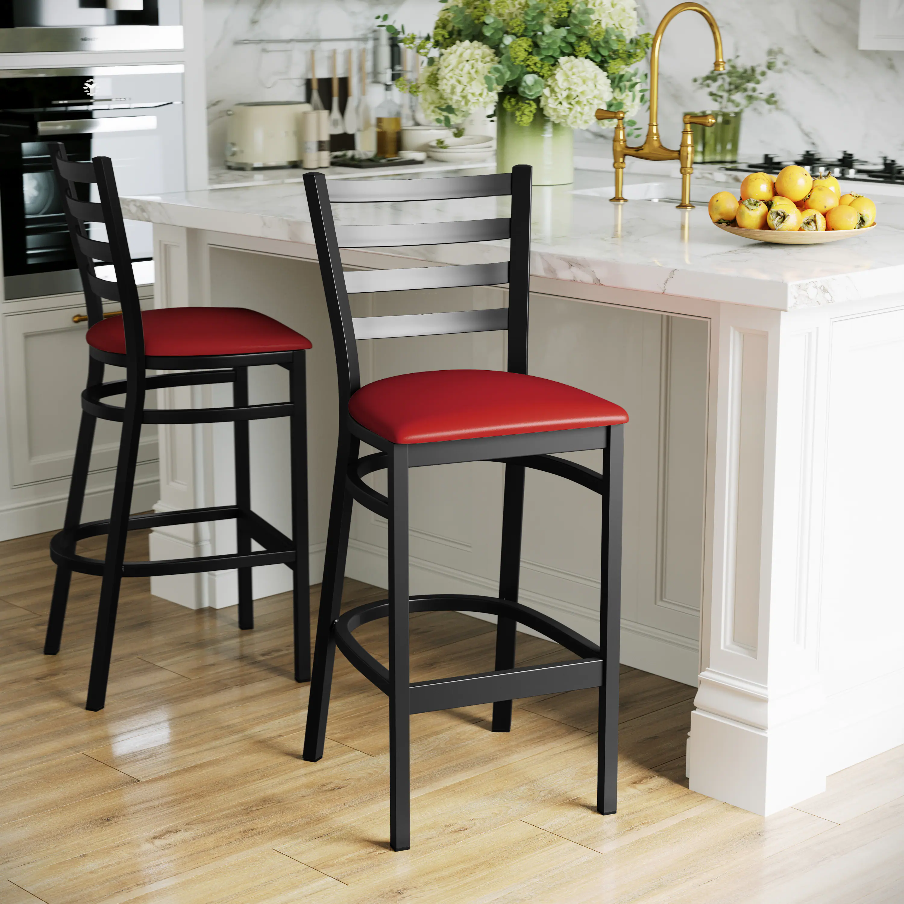 Alt View 2. Flash Furniture - HERCULES Black Ladder Back Metal Restaurant Barstool - Red Vinyl Seat - Red.