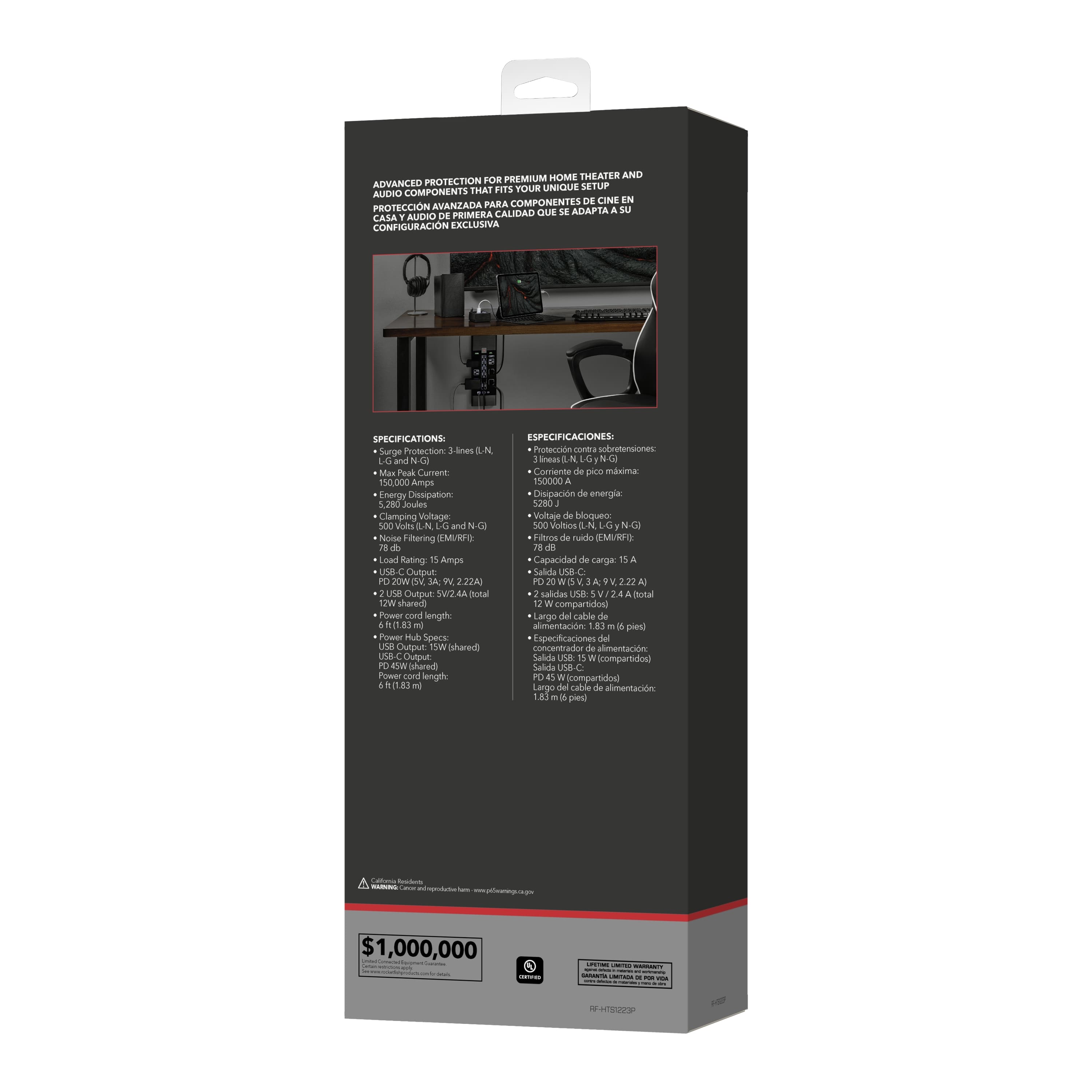 The image features a box with a black background and a white label. The label contains a list of specifications for a surge protector, which is designed to protect audio components in a home theater setup. The surge protector is capable of handling a maximum of 150,000 amps, has a 5280 joules energy dissipation, and features noise filtering. The box also includes a shared power cord and a large grounding cable. The specifications are written in Spanish.