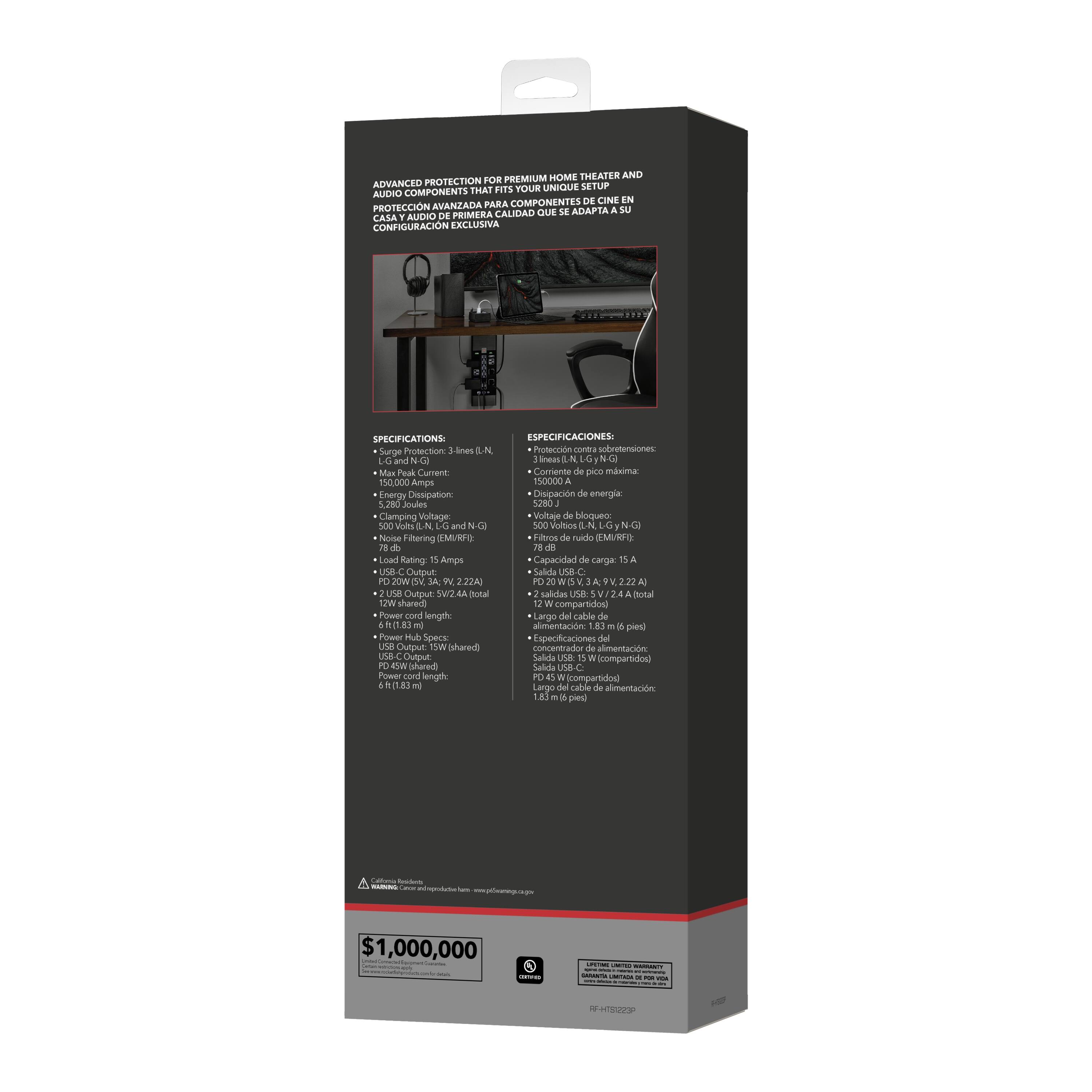 The image features a box with a black background and a white label. The label contains a list of specifications for a surge protector, which is designed to protect audio components in a home theater setup. The surge protector is capable of handling a maximum of 150,000 amps, has a 5280 joules energy dissipation, and features noise filtering. The box also includes a shared power cord and a large grounding cable. The specifications are written in Spanish.