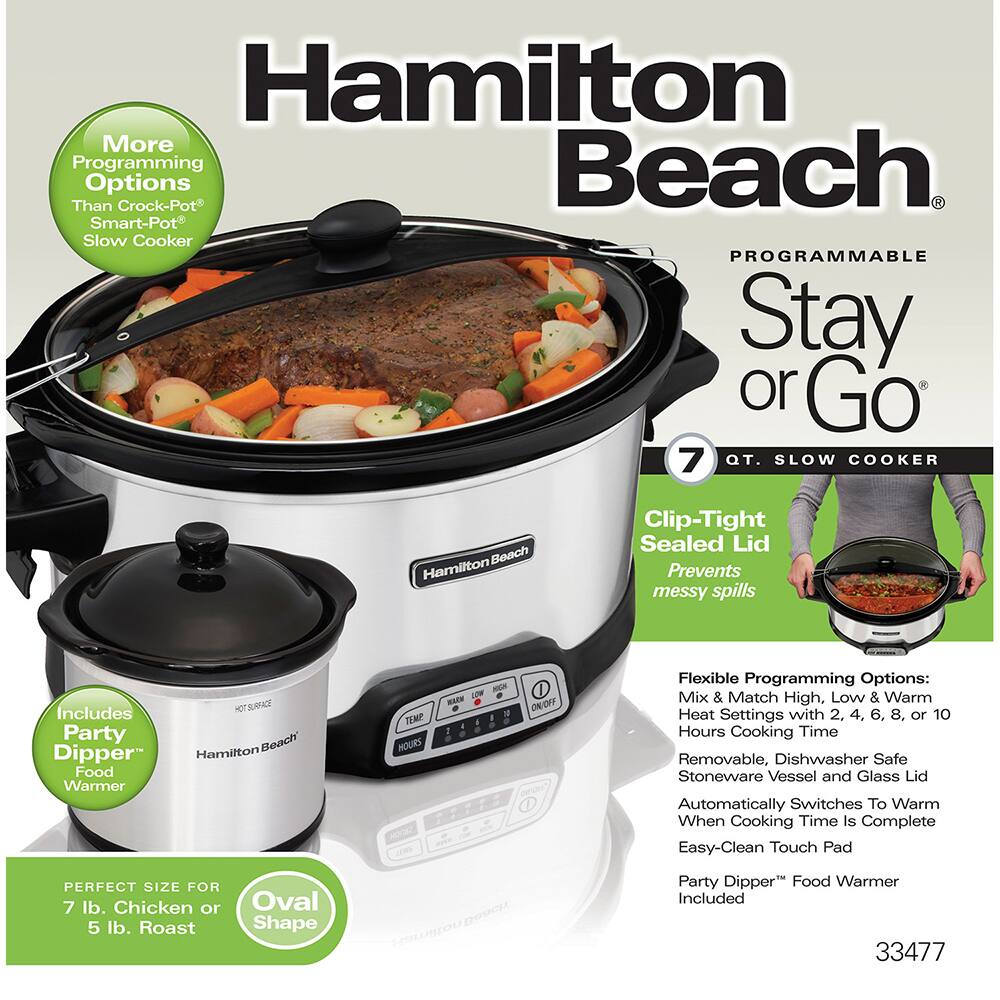 Hamilton Beach Programmable Stay or Go 7 QT. Slow Cooker

- More Programming Options Than Crock-Pot Smart-Pot Slow Cooker
- Clip-Tight Sealed Lid Prevents messy spills
- Includes Party Dipper Food Warmer
- Perfect Size for 7 lb. Chicken or 5 lb. Roast
- Oval Shape
- Flexible Programming Options: Mix & Match High, Low & Warm Heat Settings with 2, 4, 6, 8, or 10 Hours Cooking Time
- Removable, Dishwasher Safe Stoneware Vessel and Glass Lid
- Automatically Switches to Warm When Cooking Time Is Complete
- Easy-Clean Touch Pad
- Party Dipper Food Warmer Included

33477