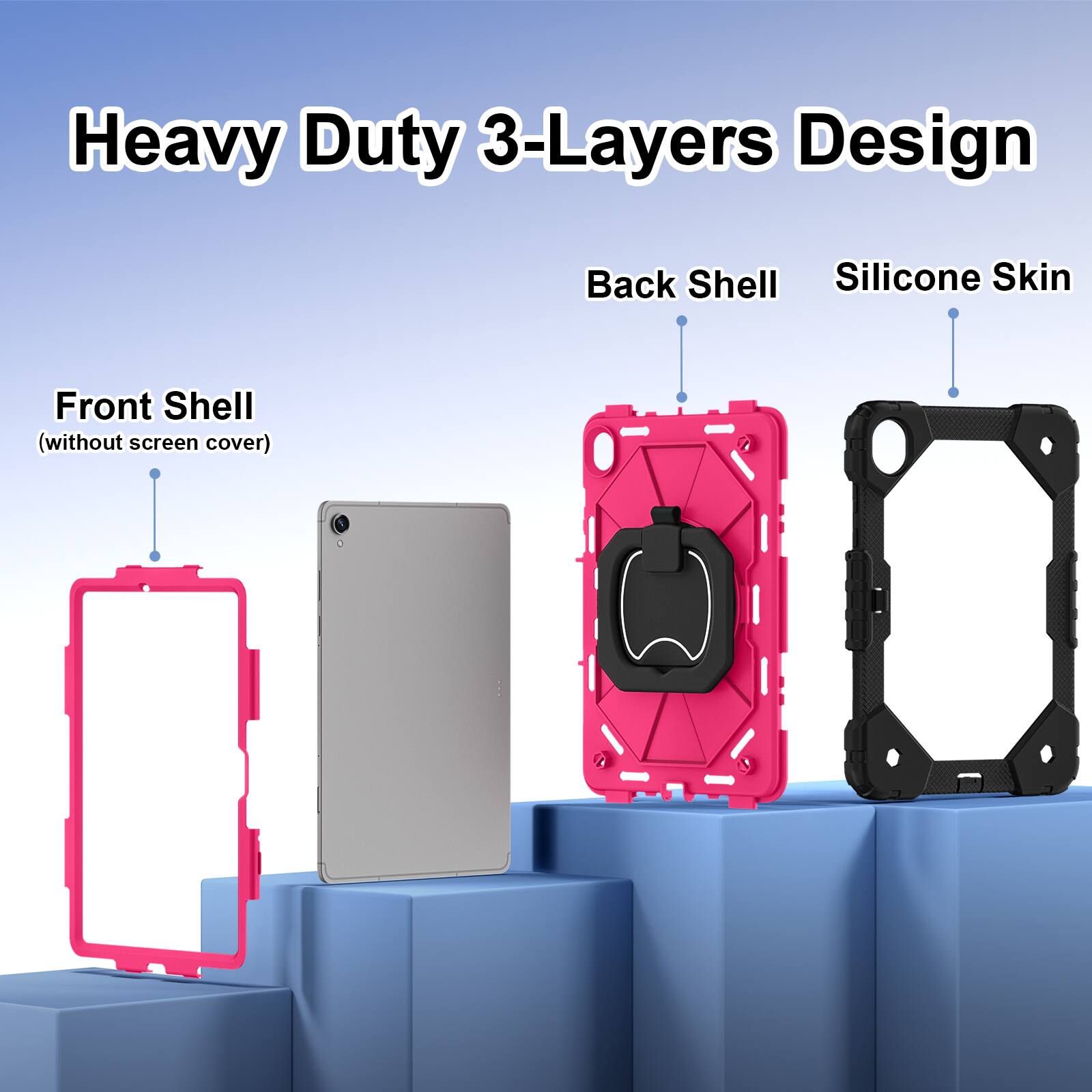 Heavy Duty 3-Layers Design  
- Front Shell (without screen cover)  
- Back Shell  
- Silicone Skin