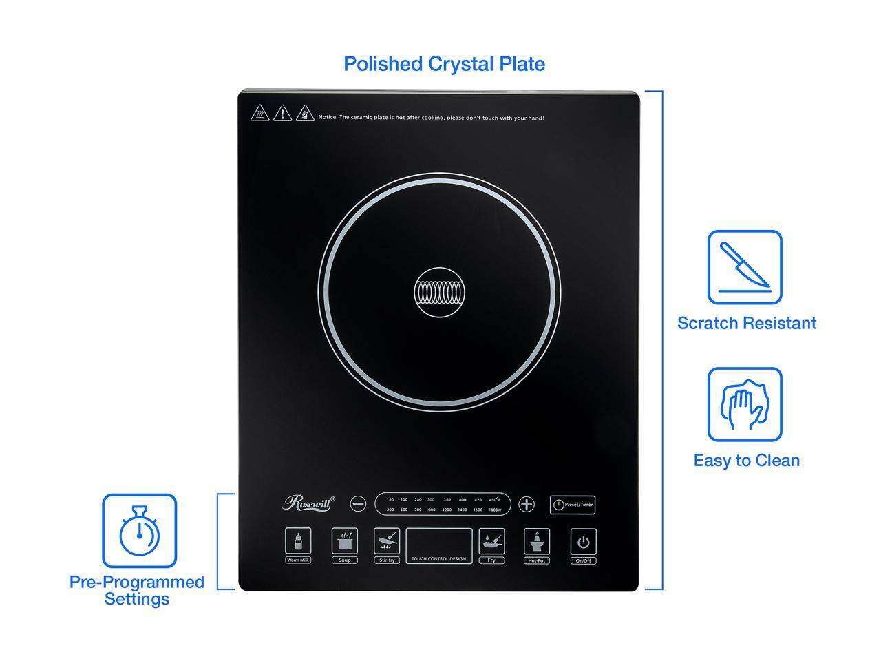 Polished Crystal Plate

Notice: The ceramic plate is hot after cooking, please don't touch with your hand

Scratch Resistant

Easy to Clean

Pre-Programmed Settings