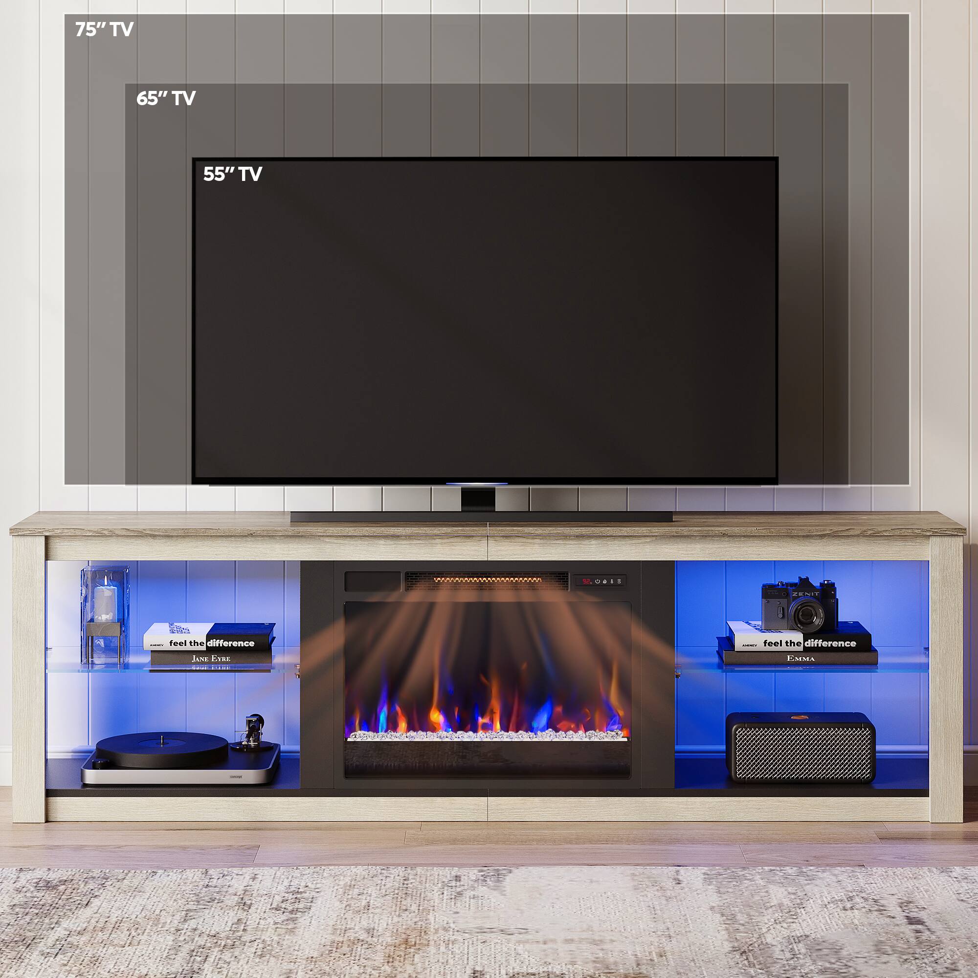 The text on the image is grouped as follows:
"75" TV 65" TV 55" TV ... feel the difference."