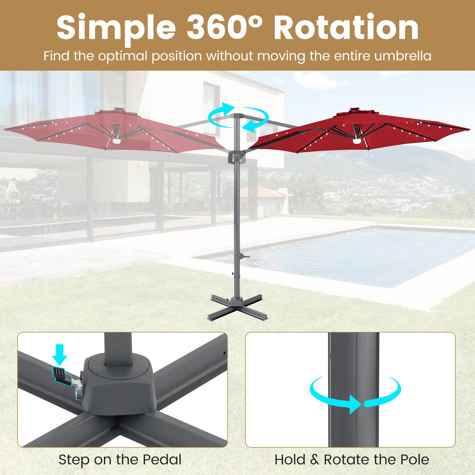 Simple 360° Rotation  
Find the optimal position without moving the entire umbrella  

Step on the Pedal  
Hold & Rotate the Pole