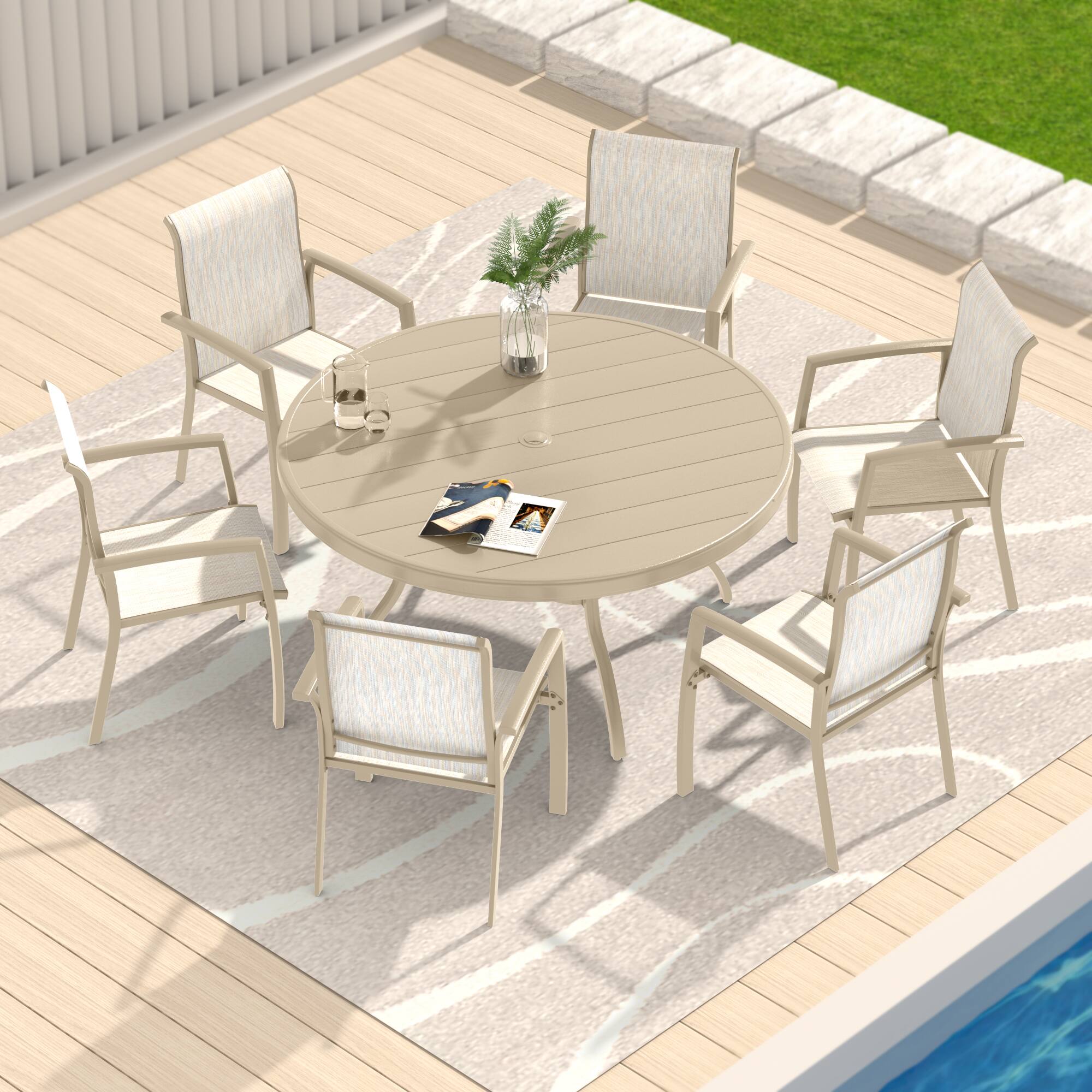 Left. Mondawe - 53" Outdoor Round Patio Dining Table with Umbrella Hole - Sandstone.