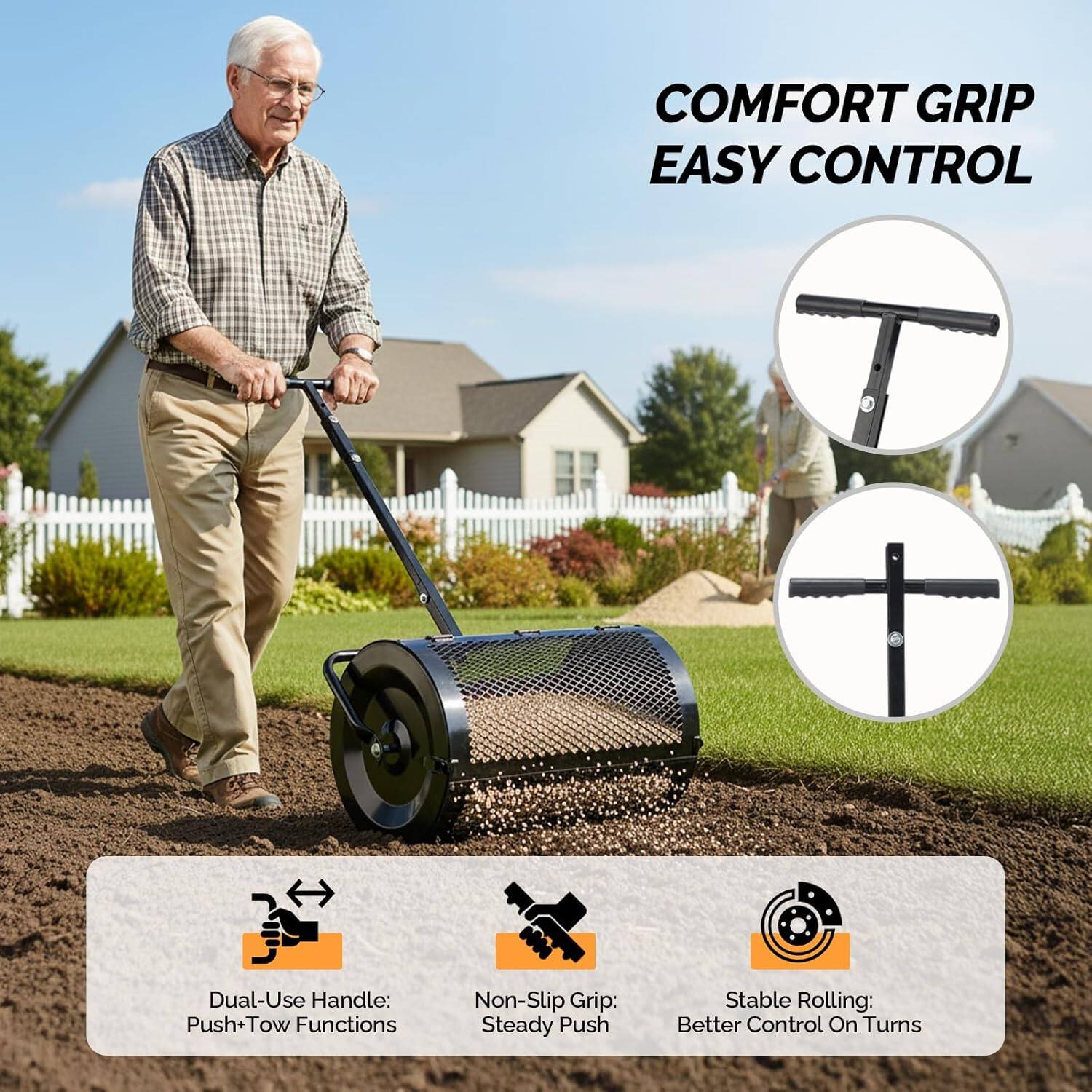 COMFORT GRIP EASY CONTROL

Dual-Use Handle: Push+Tow Functions  
Non-Slip Grip: Steady Push  
Stable Rolling: Better Control On Turns