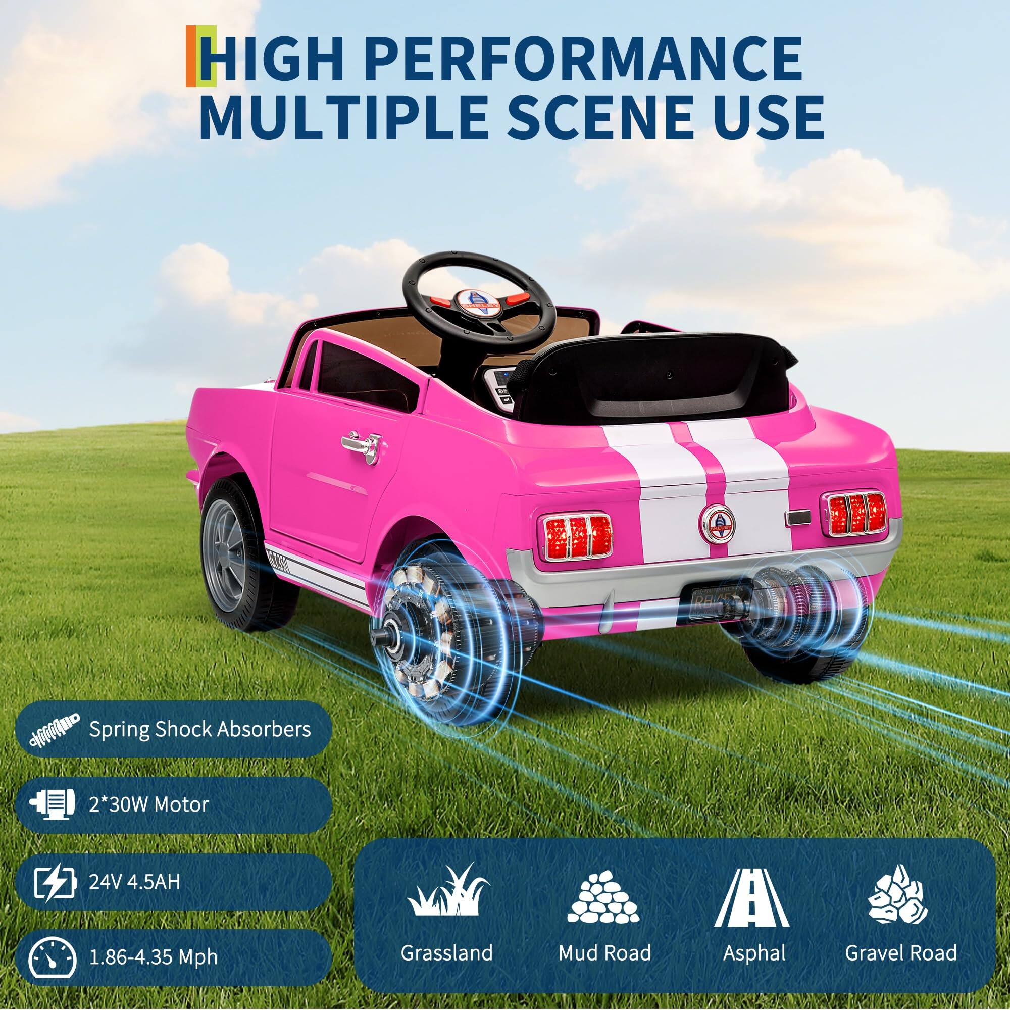 HIGH PERFORMANCE  
MULTIPLE SCENE USE

- Spring Shock Absorbers
- 2*30W Motor
- 24V 4.5AH
- 1.86-4.35 Mph

Grassland  
Mud Road  
Asphalt  
Gravel Road