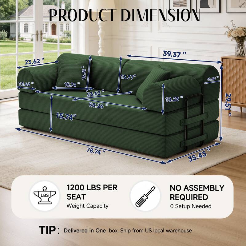 PRODUCT DIMENSION  
23.62" 15.74" 10.62" 15.74" 23.62" 58.26" 15.74"  
13.77"  
39.37" 10.23"  
11.81"  
29.51"  
78.74"  
35.43"  
1200 LBS PER SEAT Weight Capacity  
NO ASSEMBLY REQUIRED 0 Setup Needed  
TIP: Delivered in One box. Ship from US local warehouse