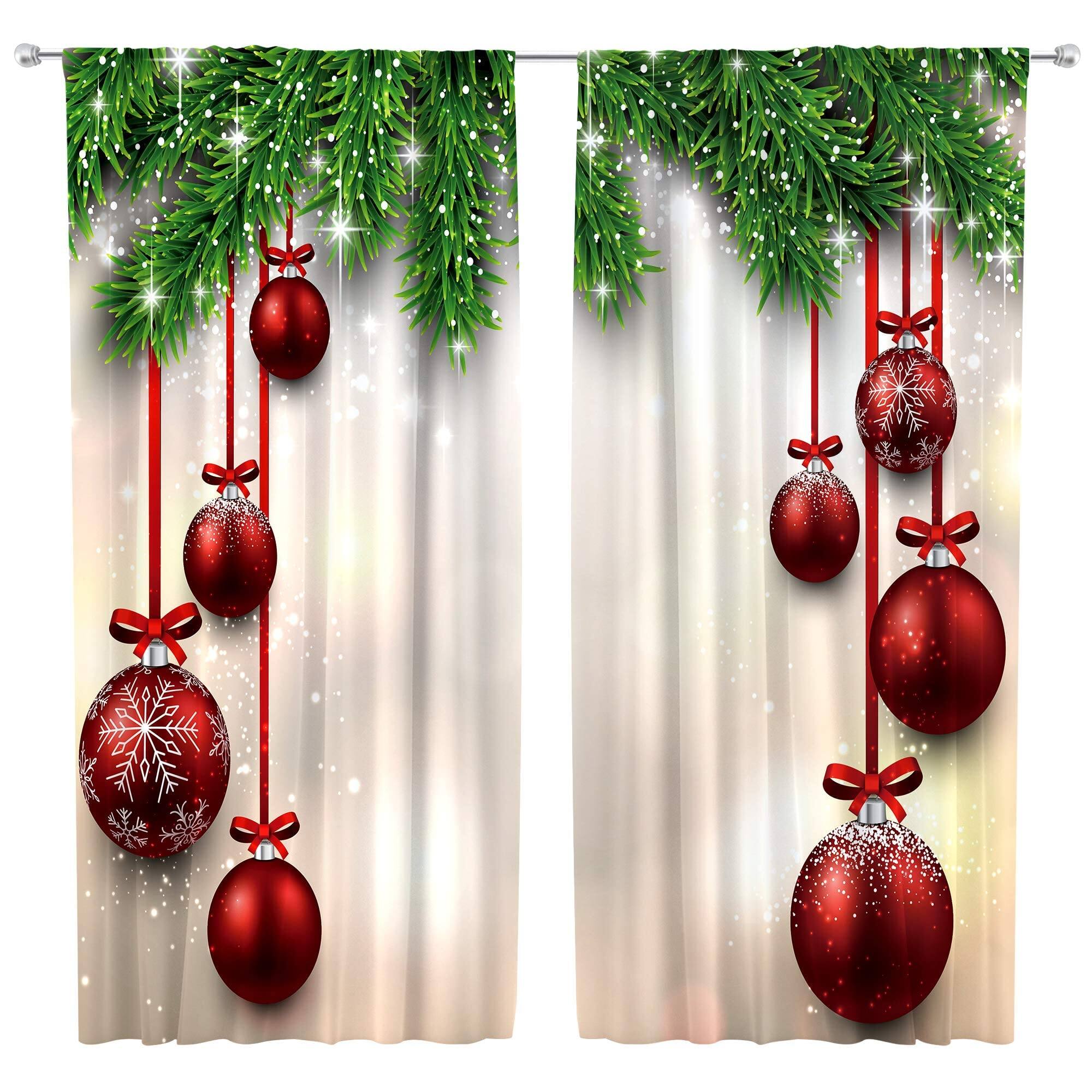 Alt View 2. Paradigms Interiors - Christmas Curtains Xmas Balls Rod Pocket Year Pine Tree Branches Fir Twigs Winter Art Printed Living Room B... - 02beige-42"W x 63"L (Pack of 2).