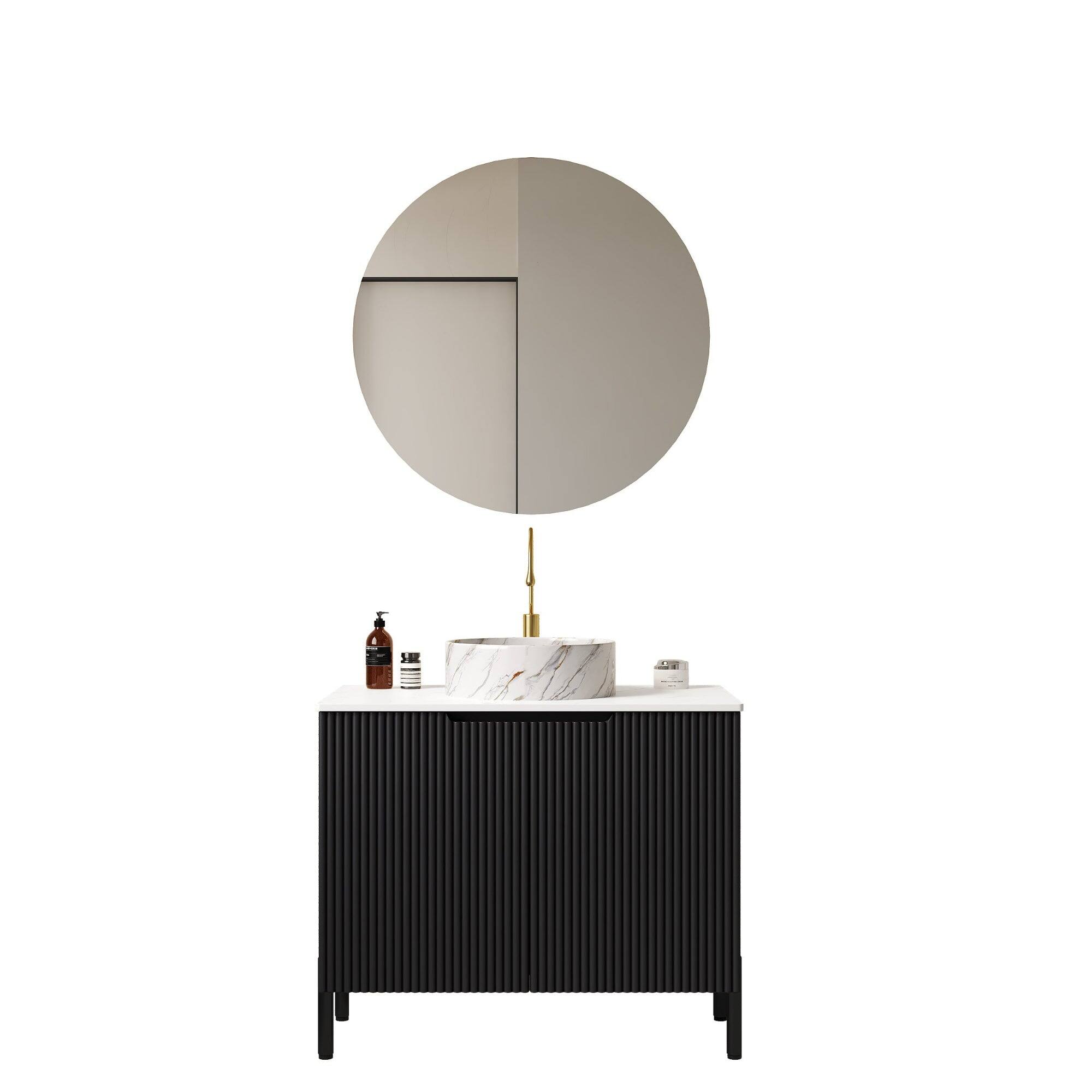 Alt View 4. Boyel Living - 30 Bathroom Vanity Cabinet with 2 Doors White Round Ceramic Basin Stone Pattern Carrara White Top Black - Black White.