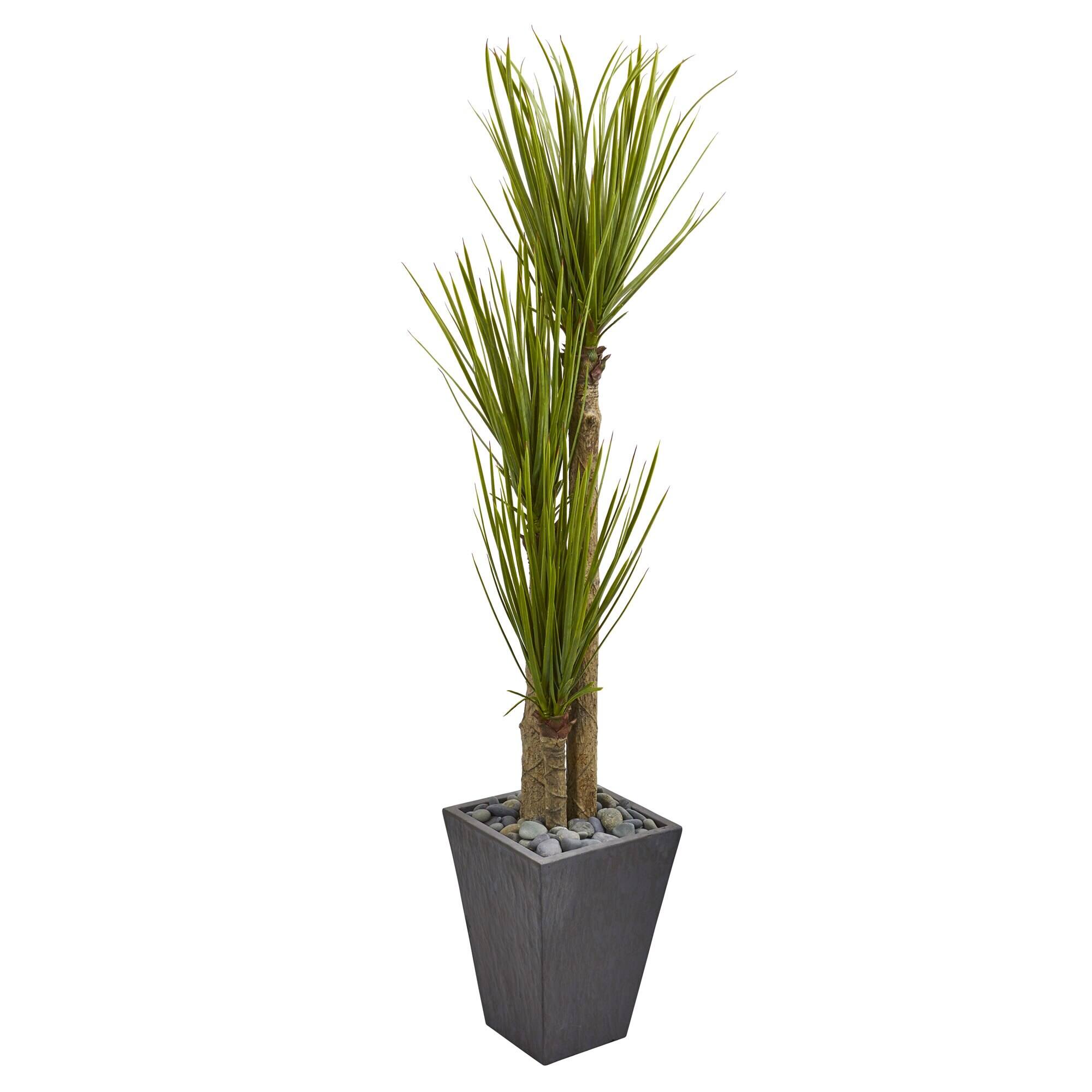Front. BreeBe - 5.5' Triple Stalk Yucca Artificial Plant in Slate Planter - Green.