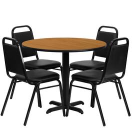 Emma + Oliver - 36" Round Laminate X-Base Table Set with 4 Banquet Chairs - Natural Top/Black Vinyl Seat