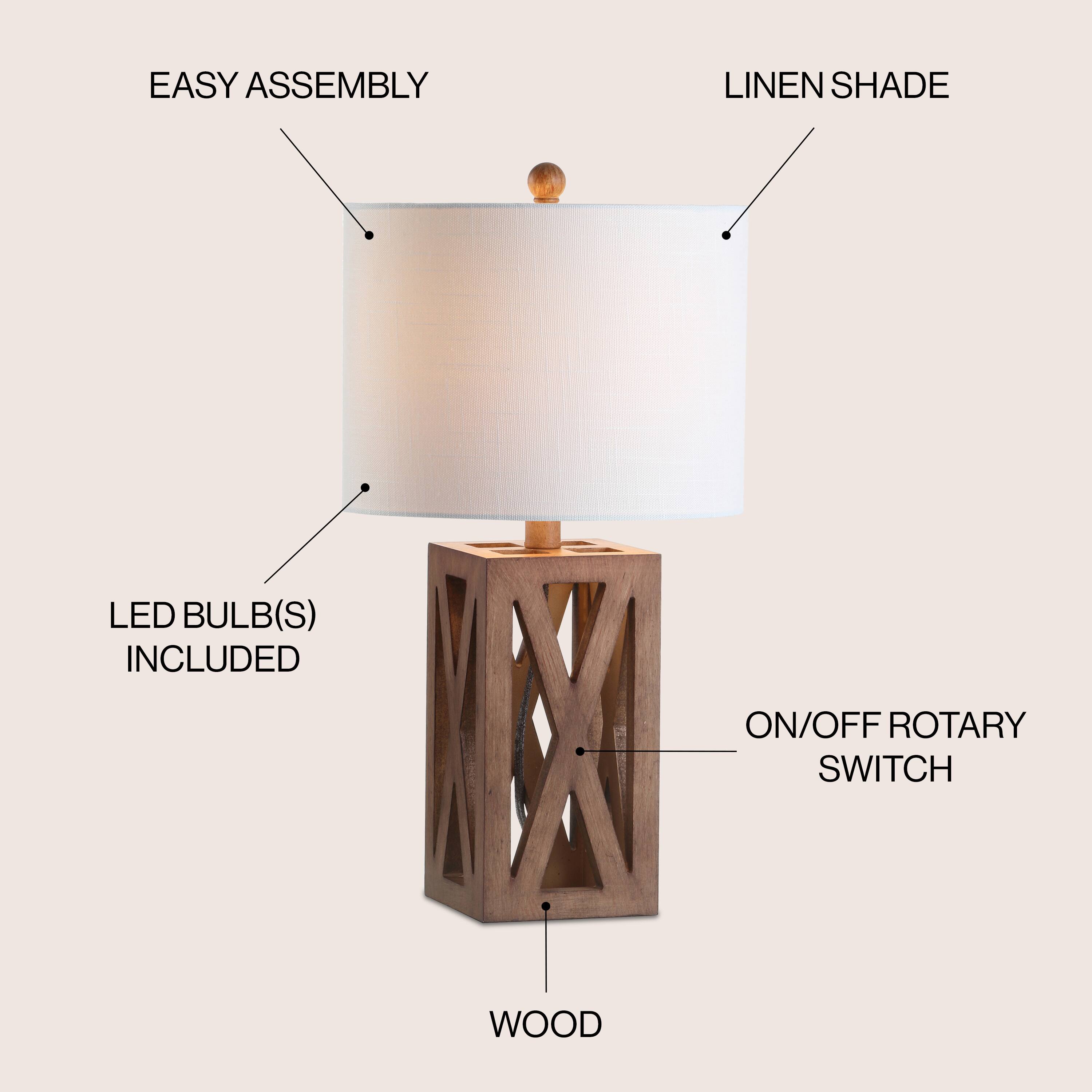 EASY ASSEMBLY  
LINEN SHADE  
LED BULB(S) INCLUDED  
ON/OFF ROTARY SWITCH  
WOOD