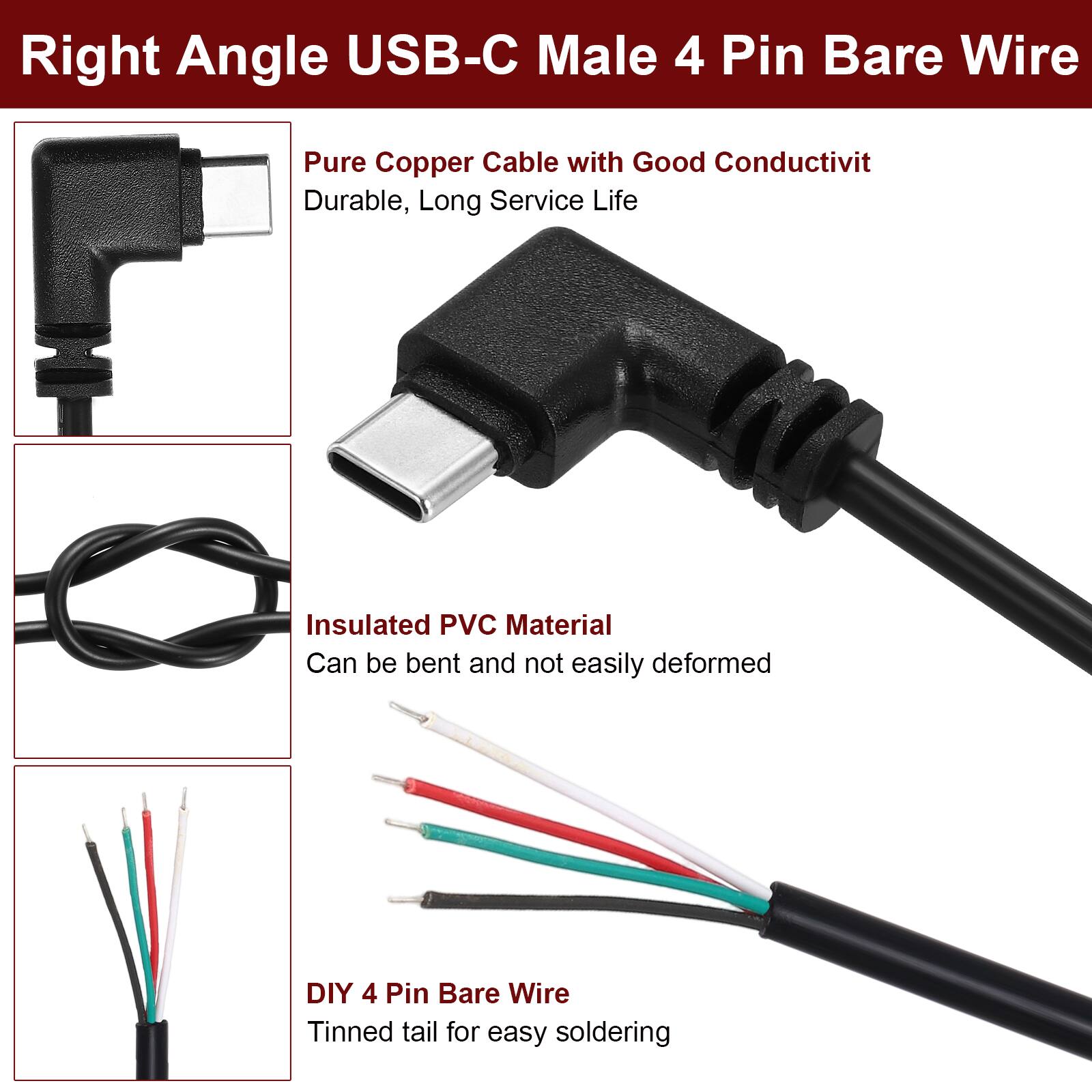 Right Angle USB-C Male 4 Pin Bare Wire

- Pure Copper Cable with Good Conductivity
  - Durable, Long Service Life

- Insulated PVC Material
  - Can be bent and not easily deformed

- DIY 4 Pin Bare Wire
  - Tinned tail for easy soldering
