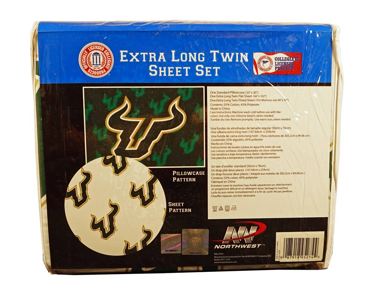 **Extra Long Twin Sheet Set**

**Licensed Official Collegiate Product**

**Contents:**
- One Standard Pillowcase (20" x 30")
- One Extra Long Twin Flat Sheet (66" x 102")
- One Extra Long Twin Fitted Sheet (Fits mattress size 80" x 60")

**Material:**
- 55% Cotton, 45% Polyester

**Made in China**

**Care Instructions:**
- Machine wash cold before use with like colors.
- Use only non-chlorine bleach when needed.
- Tumble dry low.
- Remove promptly.
- Use warm iron when needed.

**Pillowcase Pattern:**
- (Image of pillowcase pattern)

**Sheet Pattern:**
- (Image of sheet pattern)

**Northwest**
- Royalties go to the Northwest Company, LLC
- www.northwestcompany.com

**Collegiate Licensed Product**

**Una funda de almohadas de tamaño regular (50cm x 76cm)**
- Una sábana extra long twin (167.64cm x 259cm)
- Una funda de cama extra long twin (Para colchones de 2