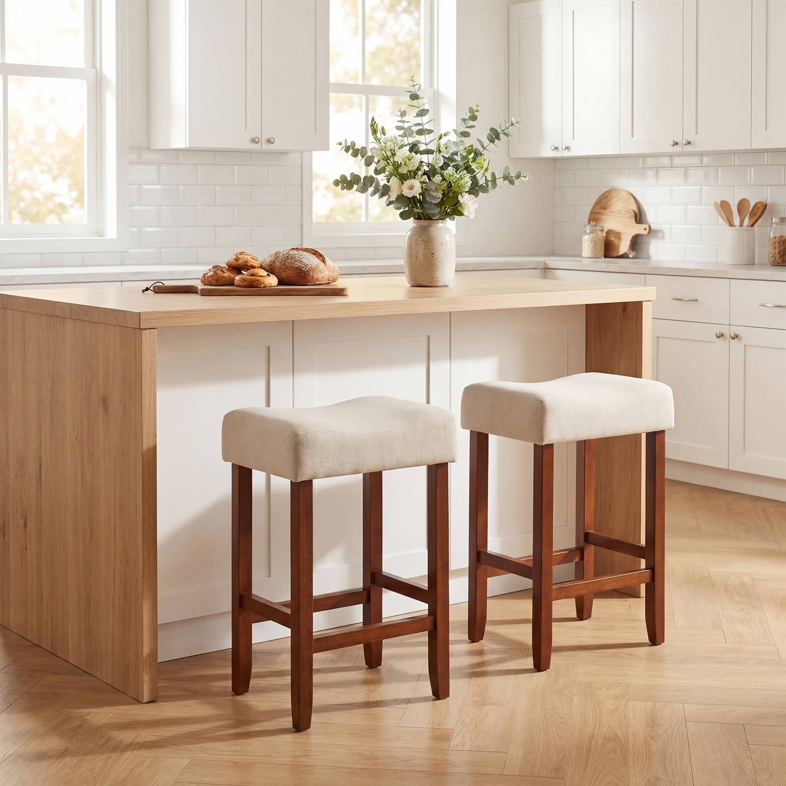 Alt View 1. Costway - Costway Set of 2 Bar Stools Counter Height Saddle Kitchen Chairs with Wooden Legs - Off White + Brown.
