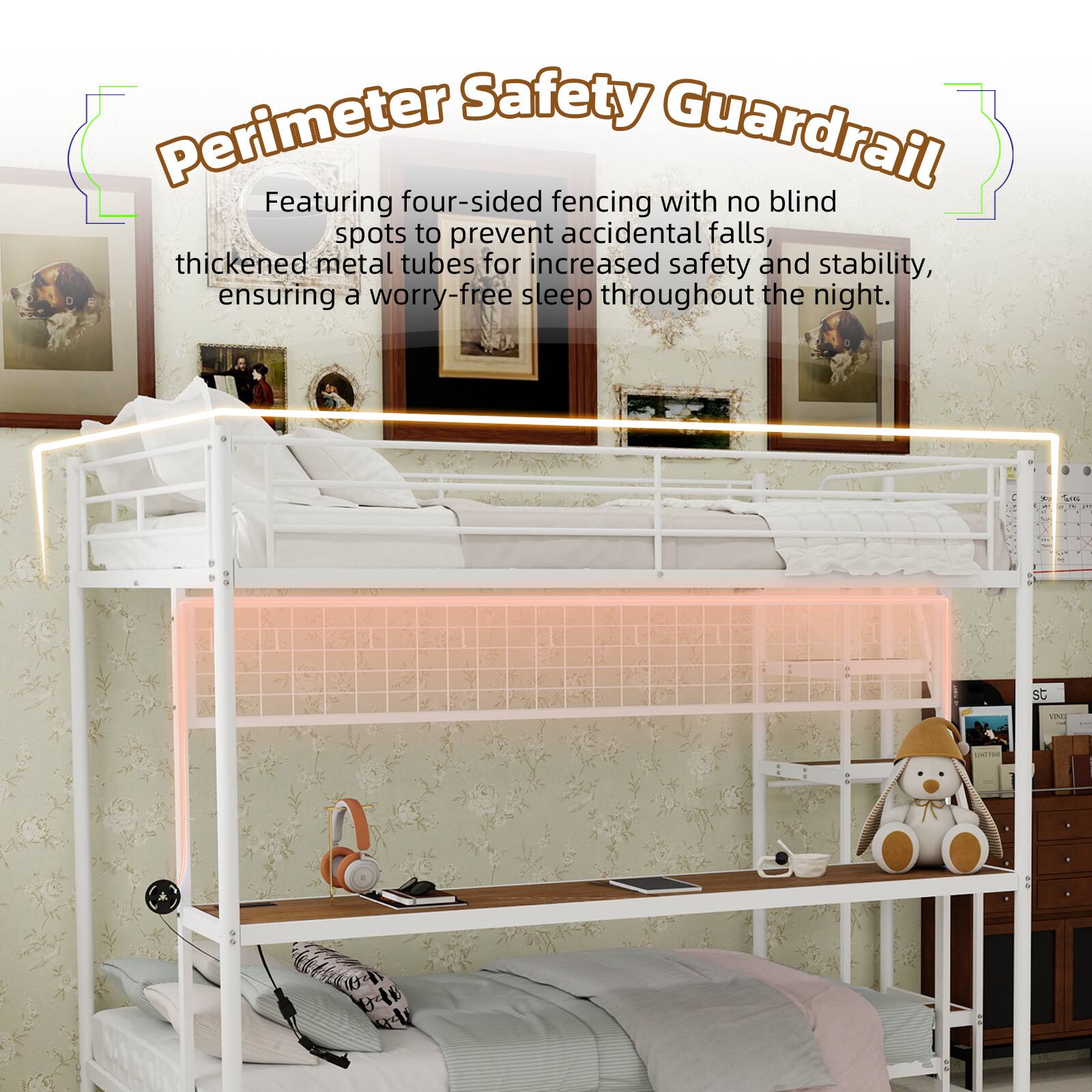 Perimeter Safety Guardrail

Featuring four-sided fencing with no blind spots to prevent accidental falls, thickened metal tubes for increased safety and stability, ensuring a worry-free sleep throughout the night.