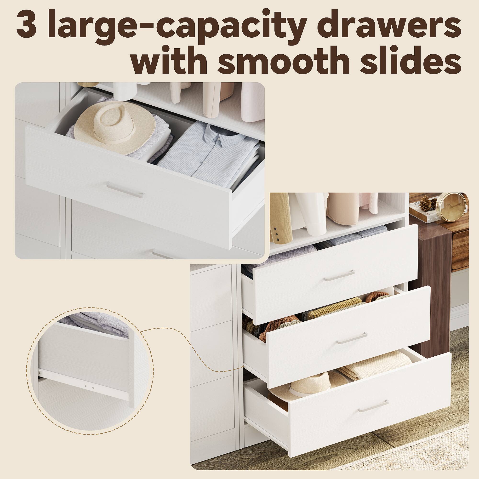 3 large-capacity drawers with smooth slides