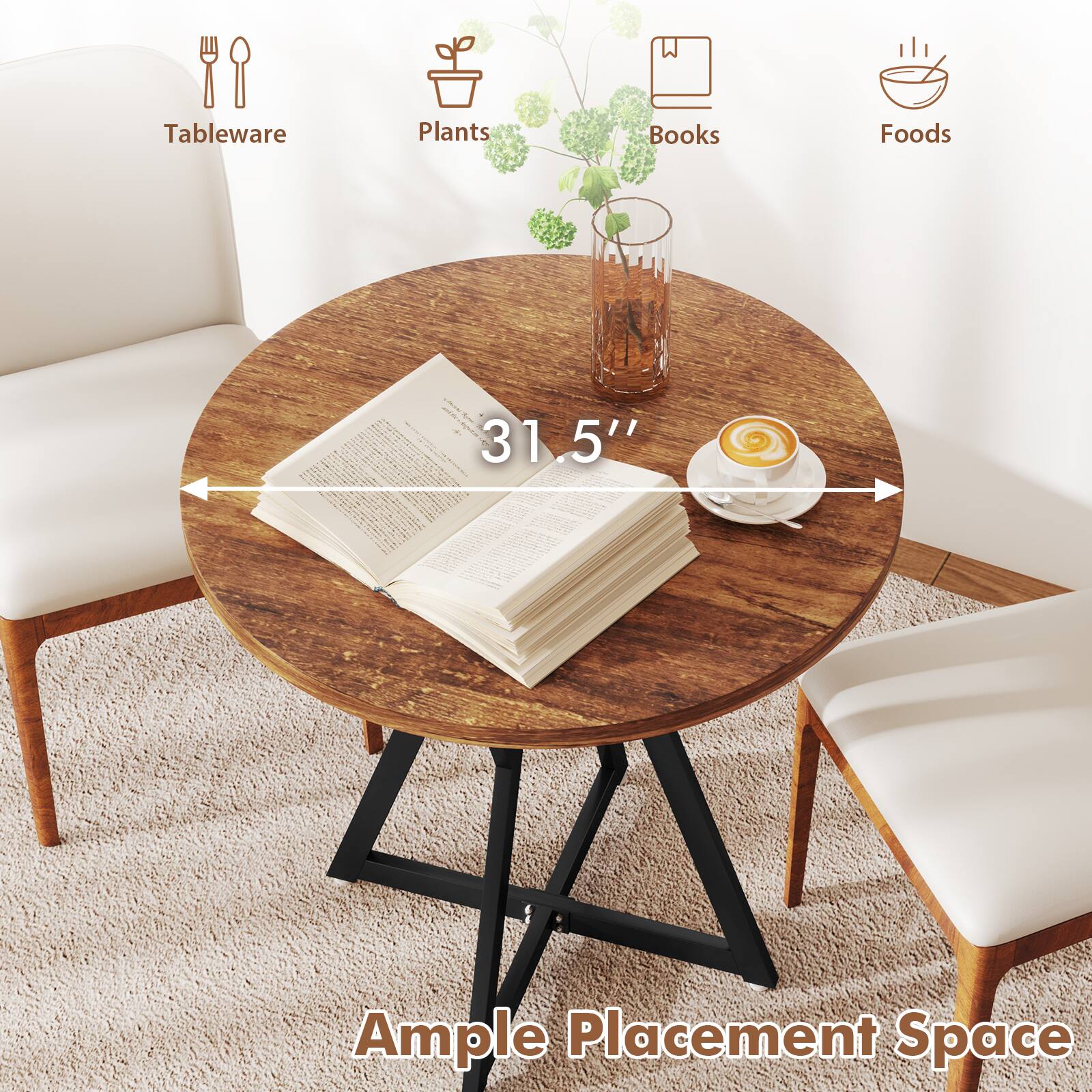 Tableware  
Plants  
Books  
Foods  
31.5"  
Ample Placement Space