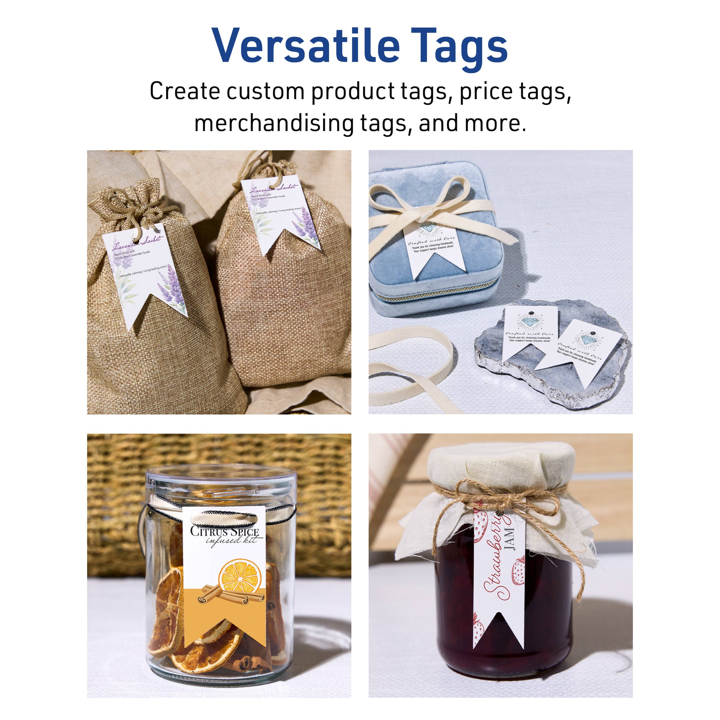 Versatile Tags  
Create custom product tags, price tags, merchandising tags, and more.

- CITRUS SPICE  
  infused tea

- Strawberry Jam