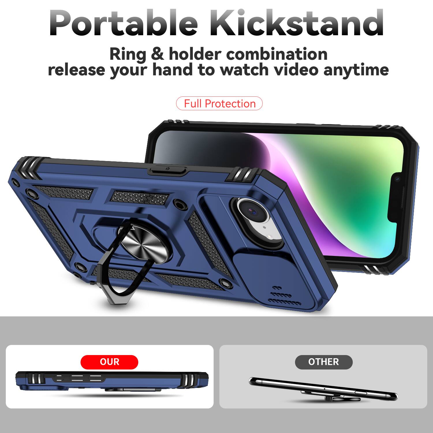 Portable Kickstand  
Ring & holder combination release your hand to watch video anytime  
Full Protection  

OUR  
OTHER