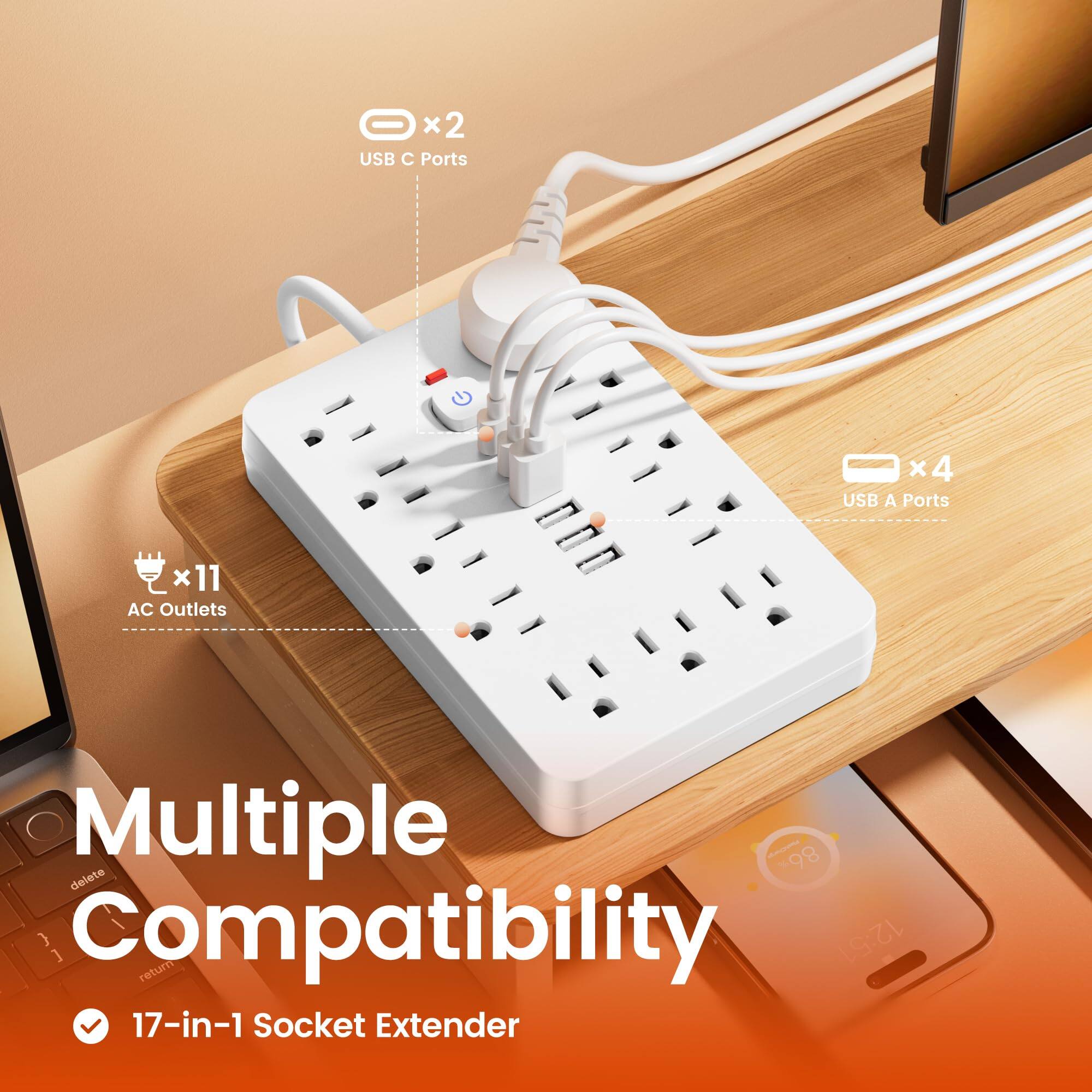 x2 USB C Ports  
x4 USB A Ports  
x11 AC Outlets  

Multiple Compatibility  
17-in-1 Socket Extender