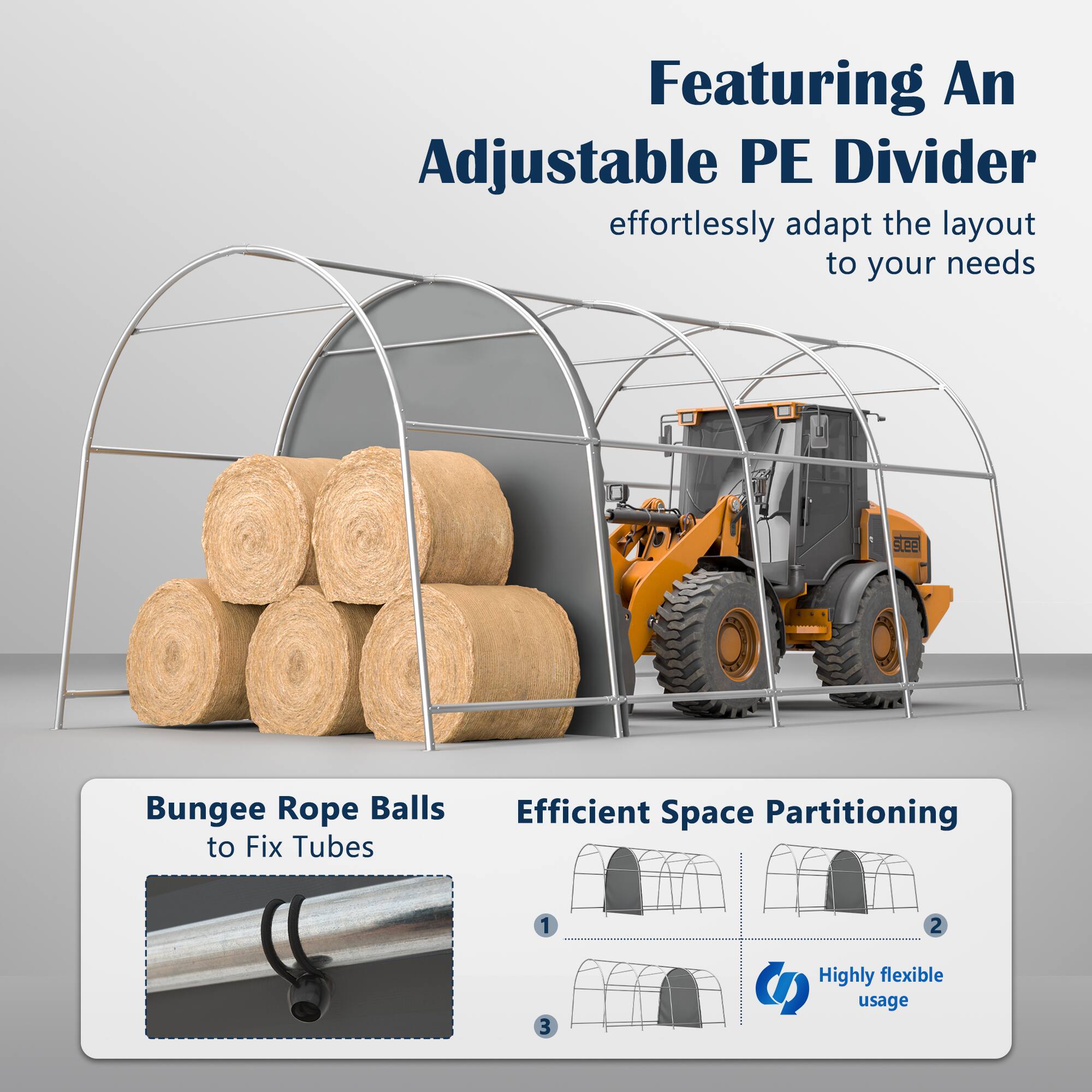 Featuring An Adjustable PE Divider effortlessly adapt the layout to your needs

Bungee Rope Balls to Fix Tubes

Efficient Space Partitioning

1 2 3

Highly flexible usage