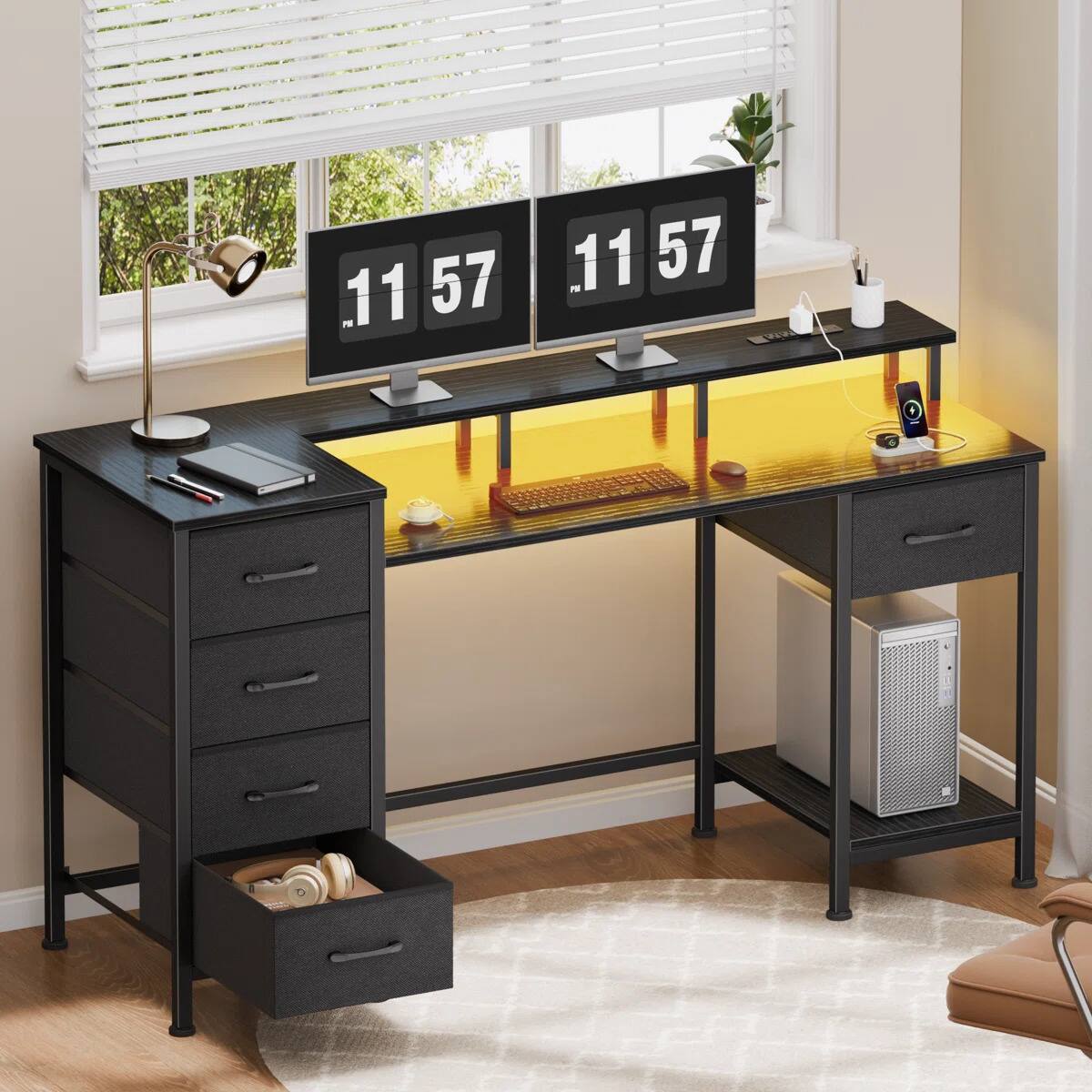 Alt View 3. Furnulem - 61 Inch Computer Desk with 5 Fabric Storage Drawers Gaming Desk with Power Outlets and LED Lights - Black.