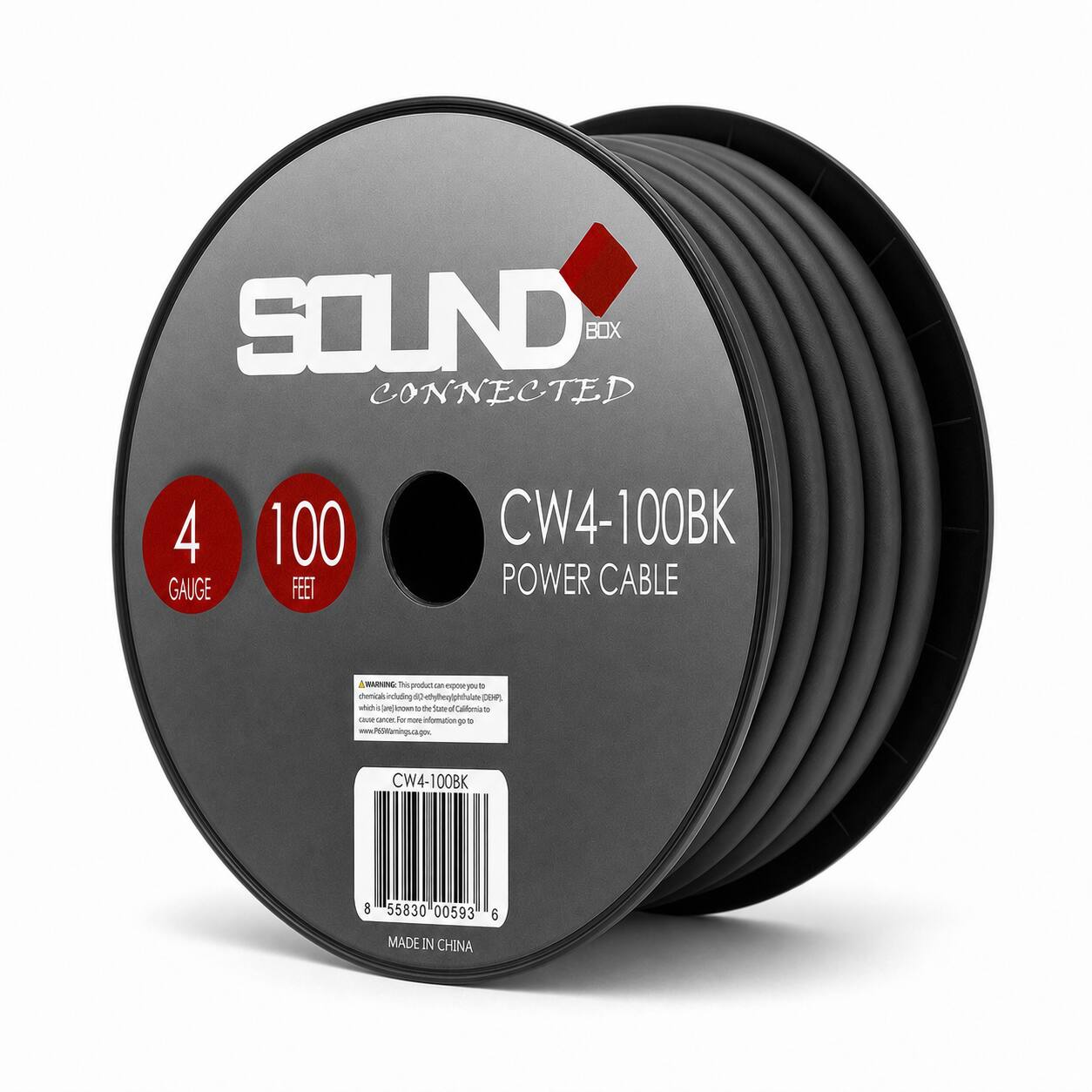 SOUND CONNECTED  
4 GAUGE  
100 FEET  
CW4-100BK POWER CABLE  
WARNING: This product can expose you to chemicals including DEHP, which is known to the State of California to cause cancer. For more information go to www.P65Warnings.ca.gov.  
CW4-100BK  
8 55830 00593 6  
MADE IN CHINA