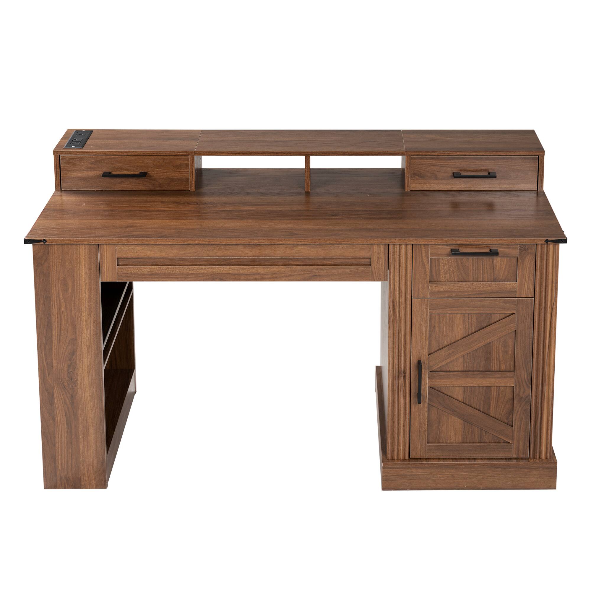 Alt View 9. Loheer - Loheer Farmhouse Office Desk 55 Inch Dark Walnut Computer Desk with Charging Station, Keyboard Tray, Monitor Stand - Dark Walnut.