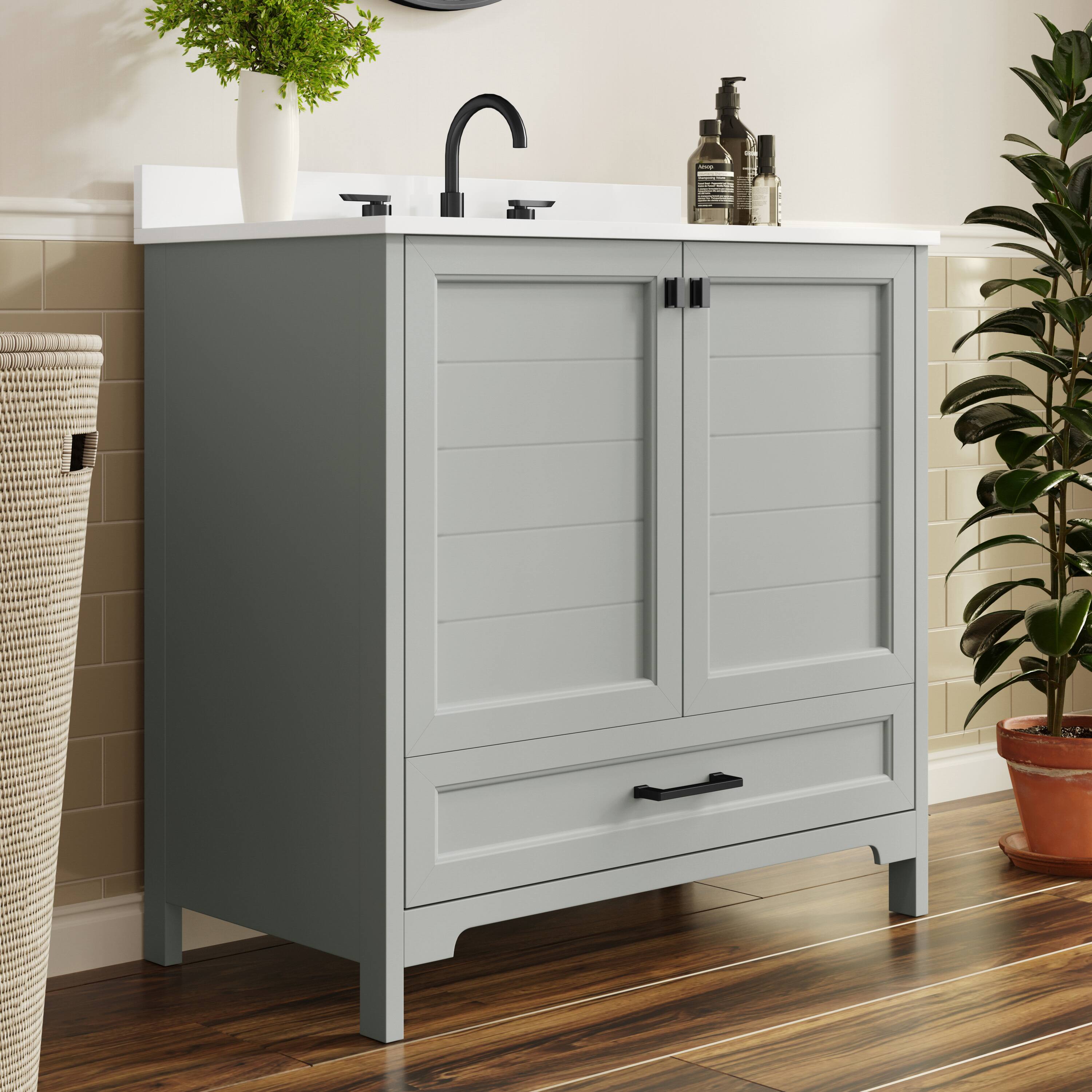 Alt View 2. Flash Furniture - Haven 36" Bathroom Vanity with Sink, Storage Cabinet with Black Hardware, Soft Close Doors and Bottom Drawer, Carrara Ma - Gray.