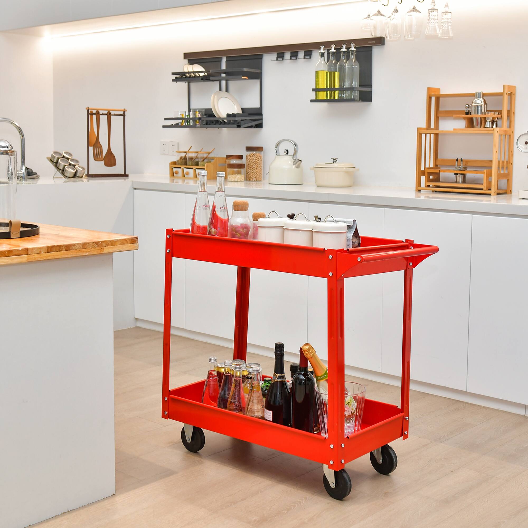 Alt View 3. Costway - Costway 2-Tier Utility Cart Metal Service Cart Rolling Tool Storage Organizer with Handle - Red.