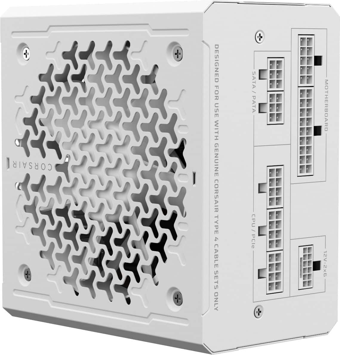 The text on the image reads: "Corsair Designed for use with genuine Corsair Type 4 cable sets only SATA / PATA CPU - PCIe Motherboard 12V-2x6".