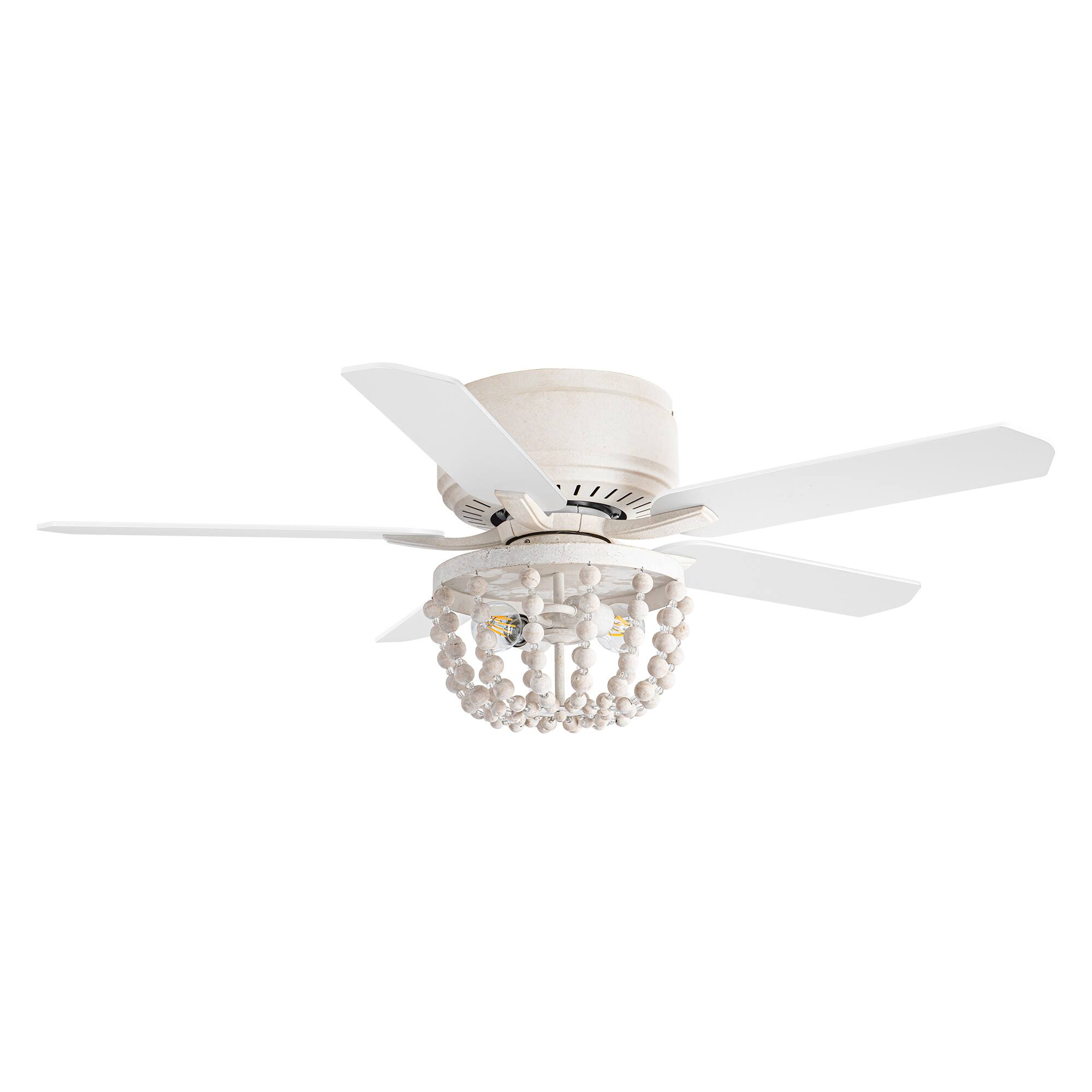 Alt View 4. Parrot Uncle - 48" Farmhouse Flush Mount Ceiling Fan with Light and Remote, White/Wood Grain Blades - Weathered Vintage White.