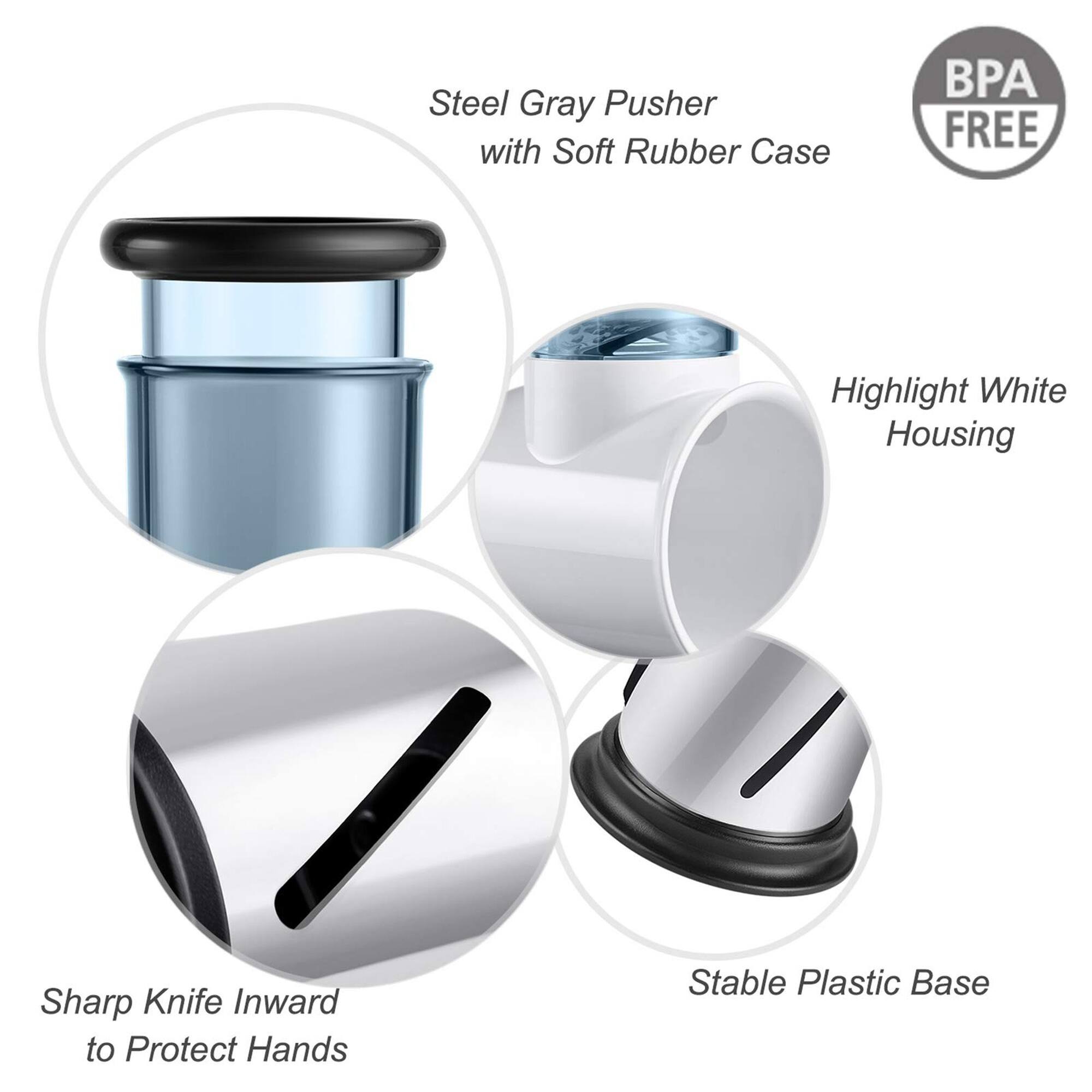 Steel Gray Pusher with Soft Rubber Case  
BPA FREE  
Highlight White Housing  
Sharp Knife Inward to Protect Hands  
Stable Plastic Base