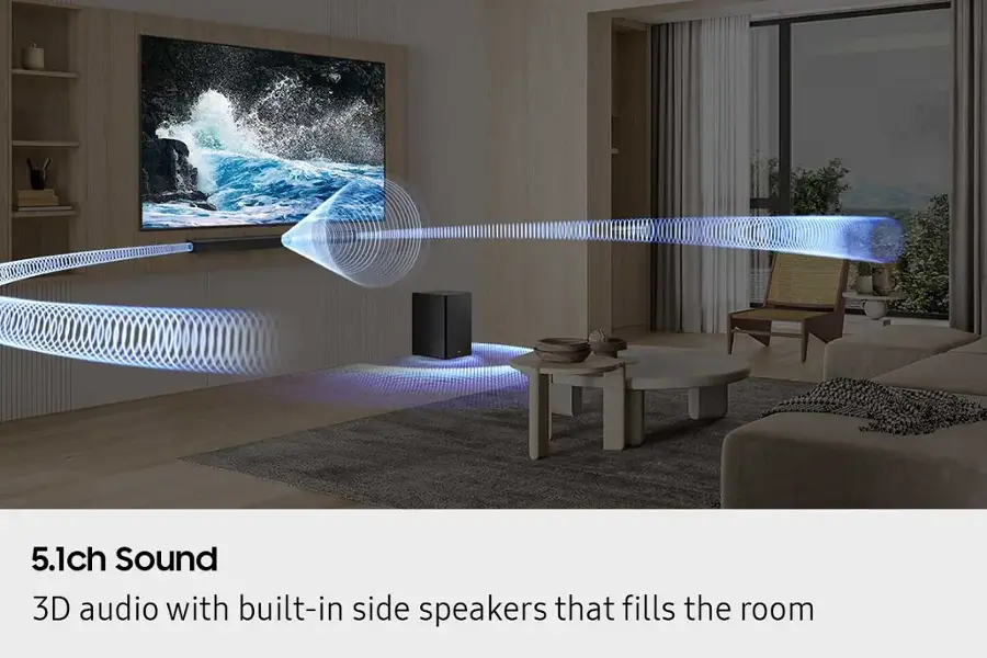 5.1ch Sound: 3D audio with built-in side speakers that fill the room.