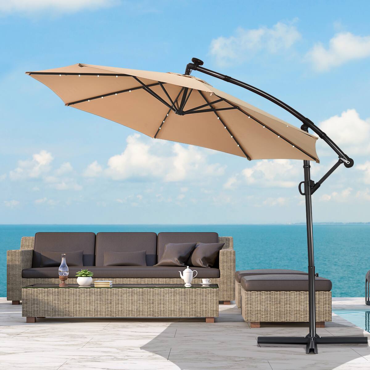 Alt View 5. Costway - 10FT Patio Offset Umbrella Solar Powered LED 360 degrees Rotation Aluminum - Beige.