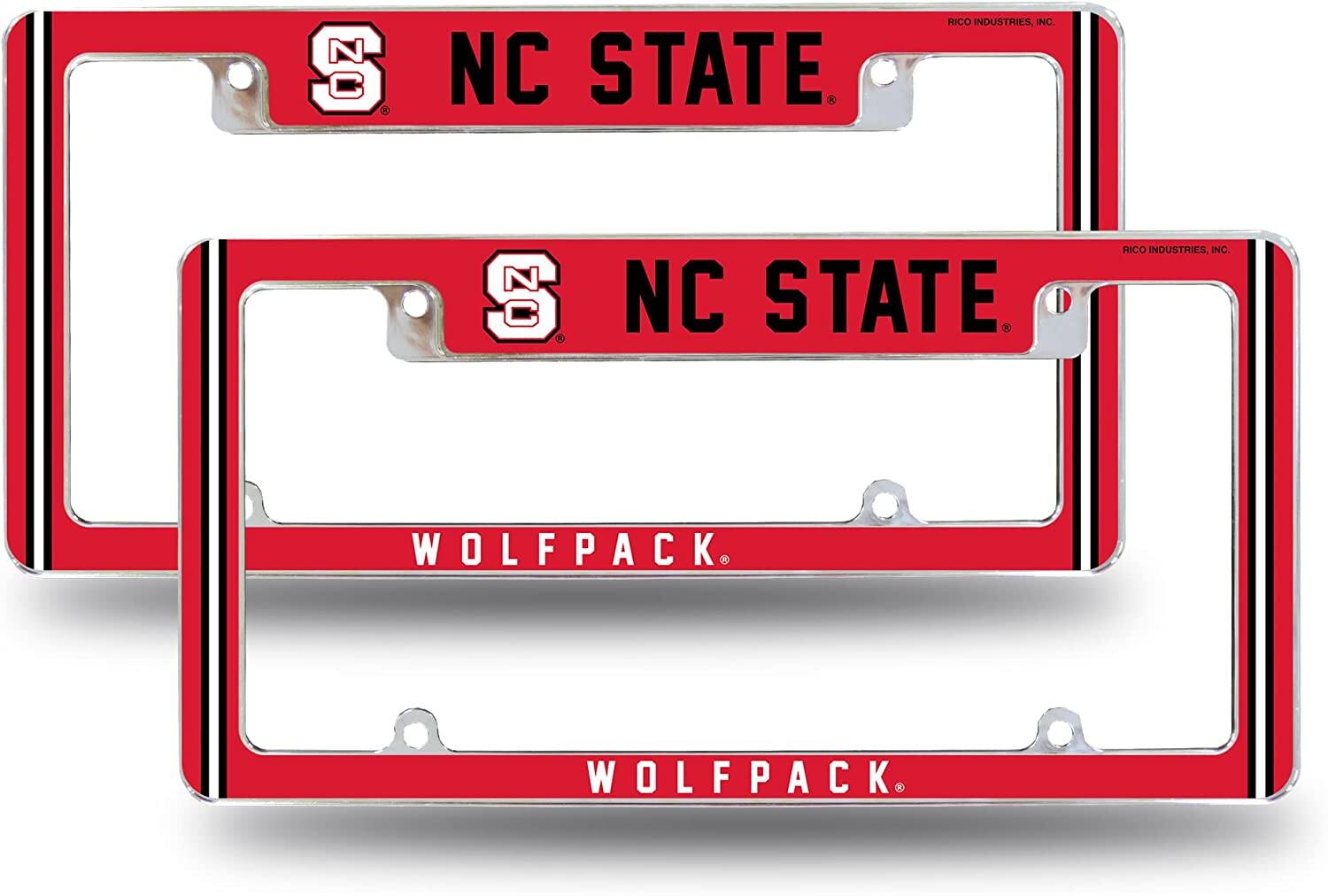 Rico Industries - North Carolina NCAA State Wolfpack (Set of 2) Chrome Metal License Plate Frames with Bold Full Frame Design - Multi