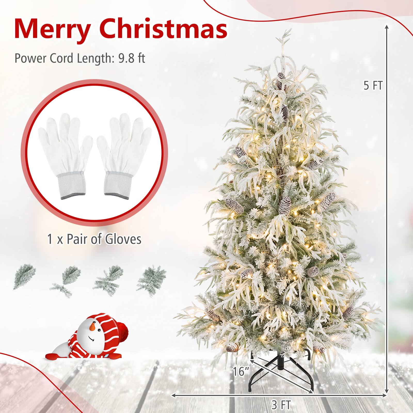 Costway 5 ft Flocked Christmas Tree with 387 Branch Tips, 23 Pine Cones ...