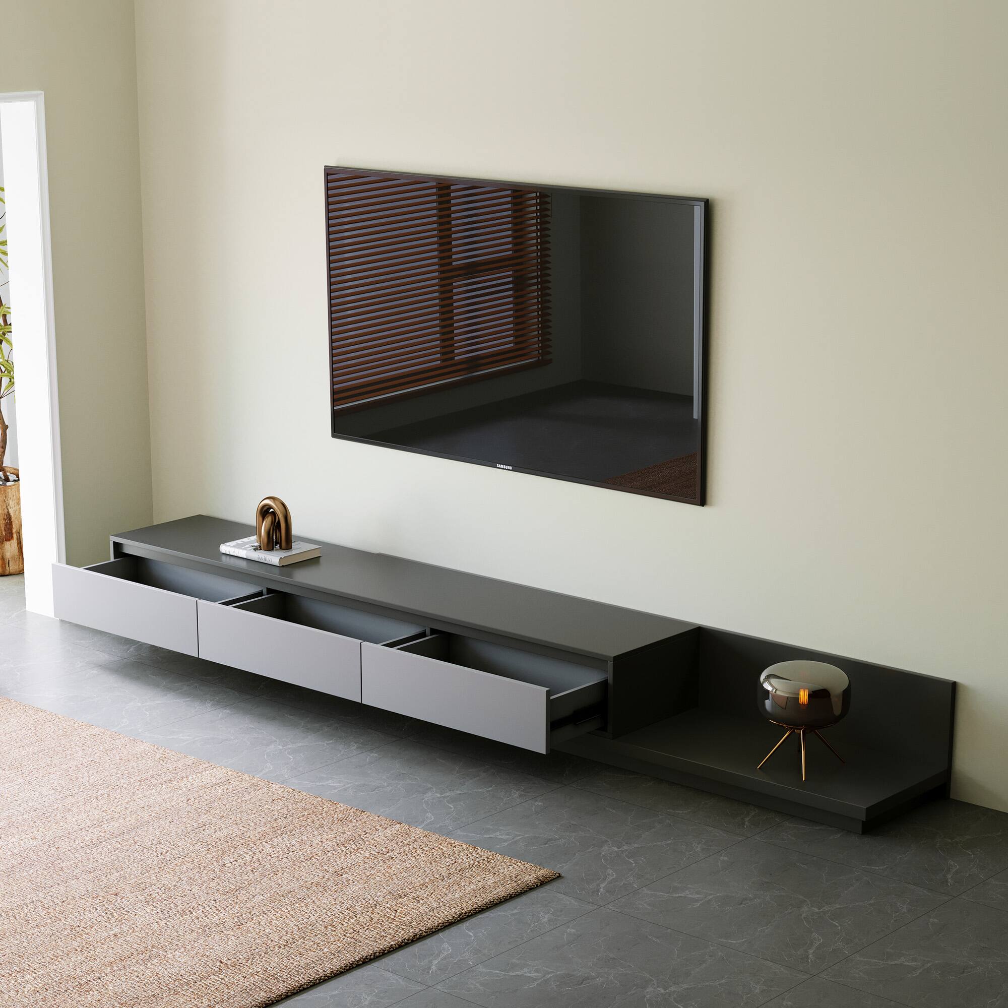 Alt View 1. luck idea - 78.7-Inch Expandable TV Stand (Max Width 141.7") - 3 Storage Drawers - Gray.