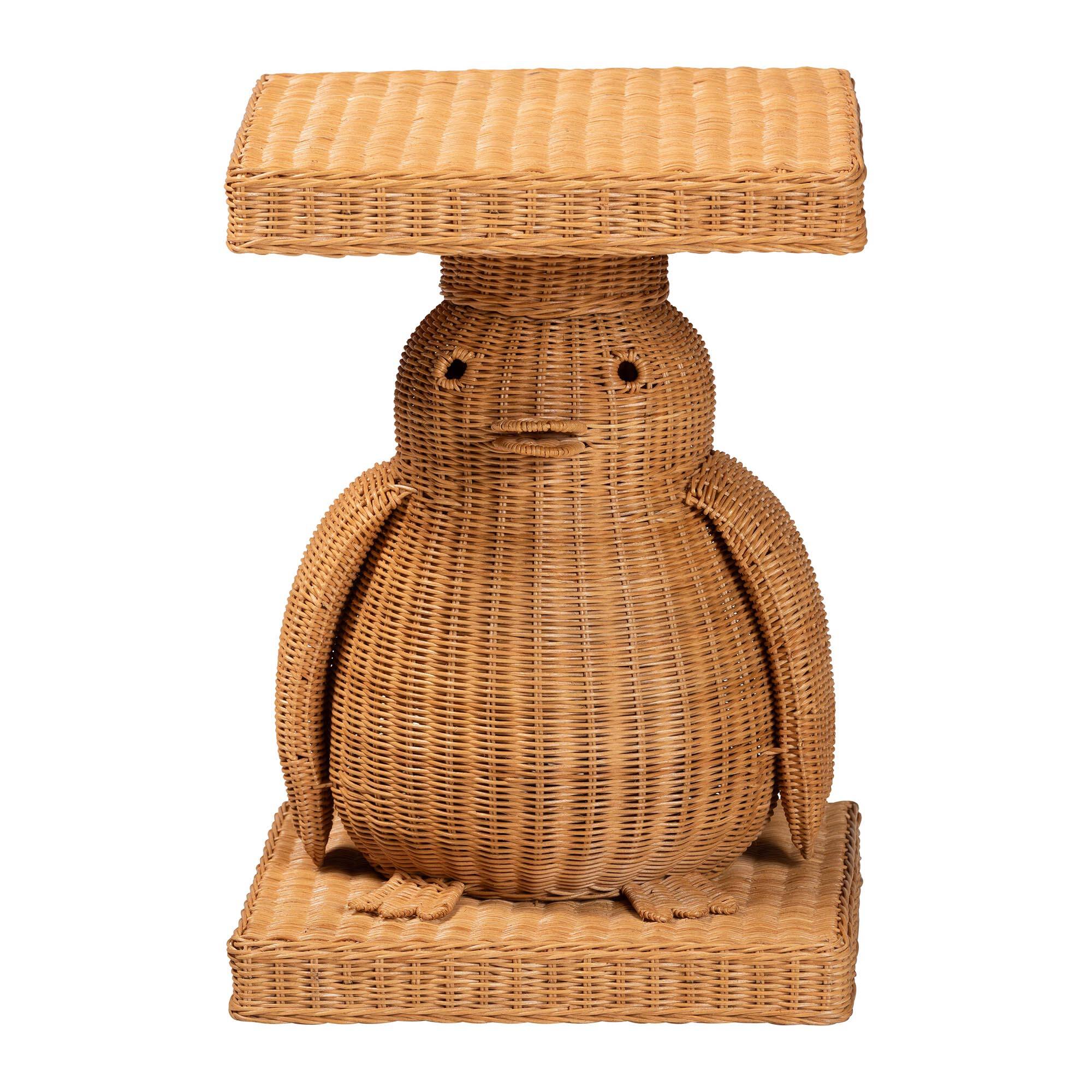 Angle. bali & pari - Pembroke Penguin End Table - Handwoven Rattan Sculptural Accent Side Table with Platform Base - Light Honey.