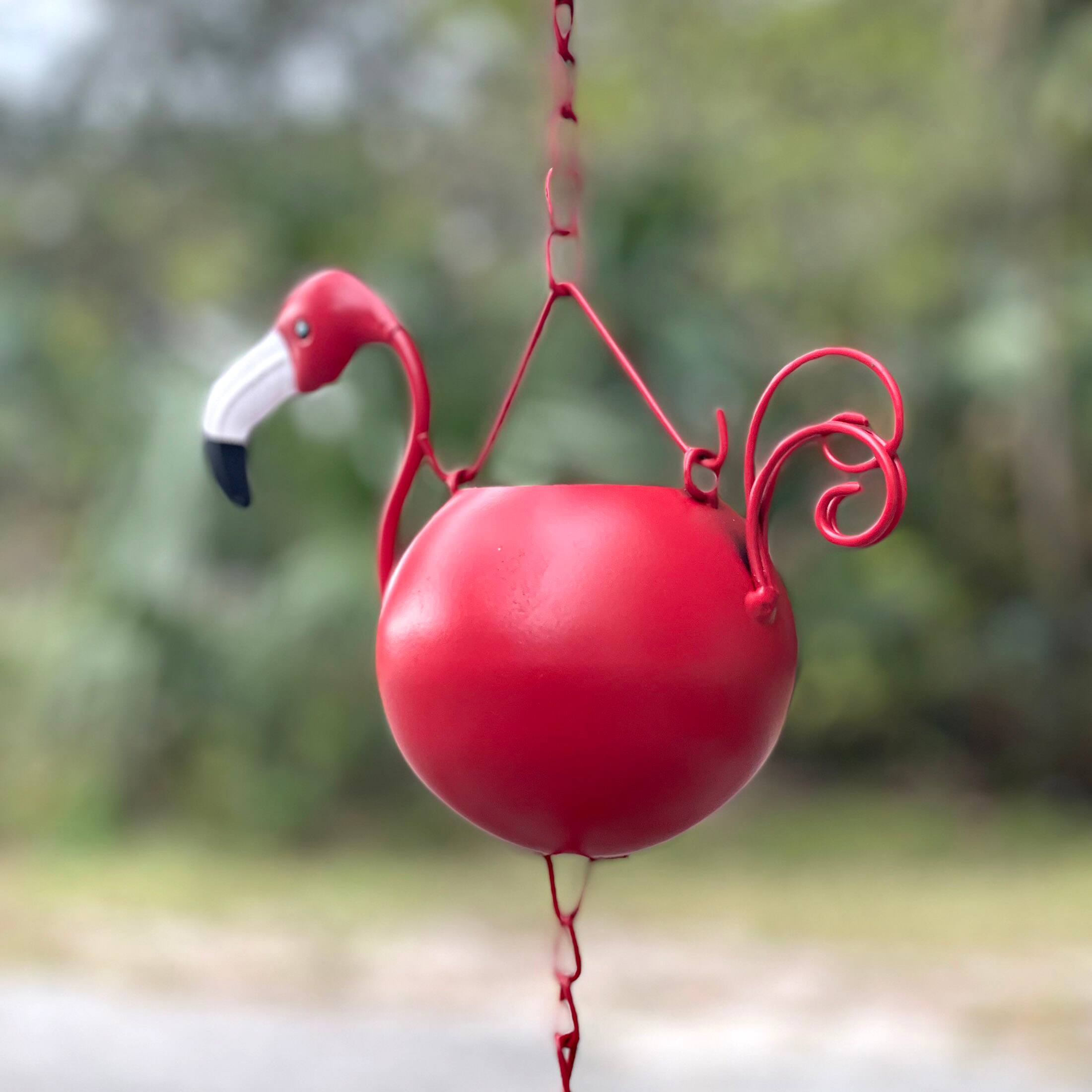 Alt View 5. Things2Die4 - 90-Inch Metal Rain Chain - 8 Portly Flamingos, 7" Long Each, Muted Red Finish - Red.