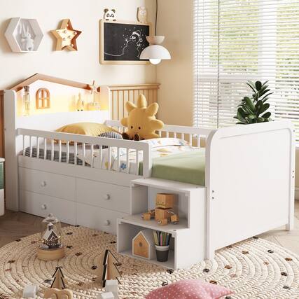 Front. APRILSOUL - Low Loft Bed with LED Lights Wooden Twin Loft Bed with House Shape Headboard Kids Loft Bed with Storage Drawers White - White.