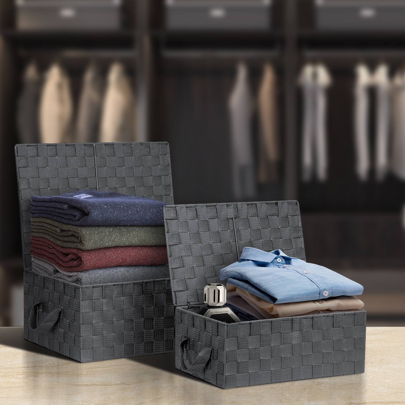 Angle. Sorbus - Sorbus Set of 3 Storage Baskets for Organizing with Lid, Mesh, Linen, Organizer Storage Baskets for Shelves - Gray.
