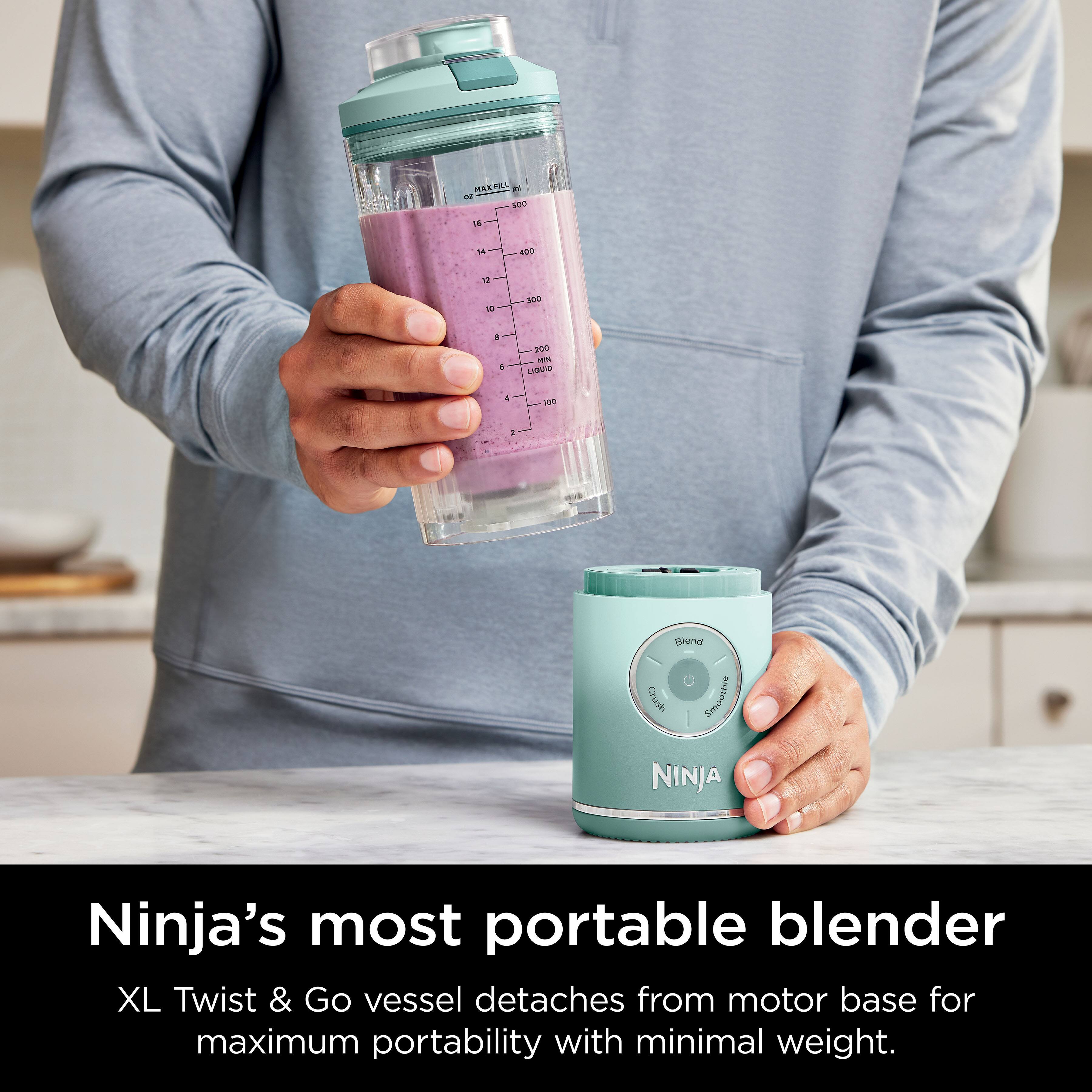 Ninja's most portable blender XL Twist & Go vessel detaches from motor base for maximum portability with minimal weight.